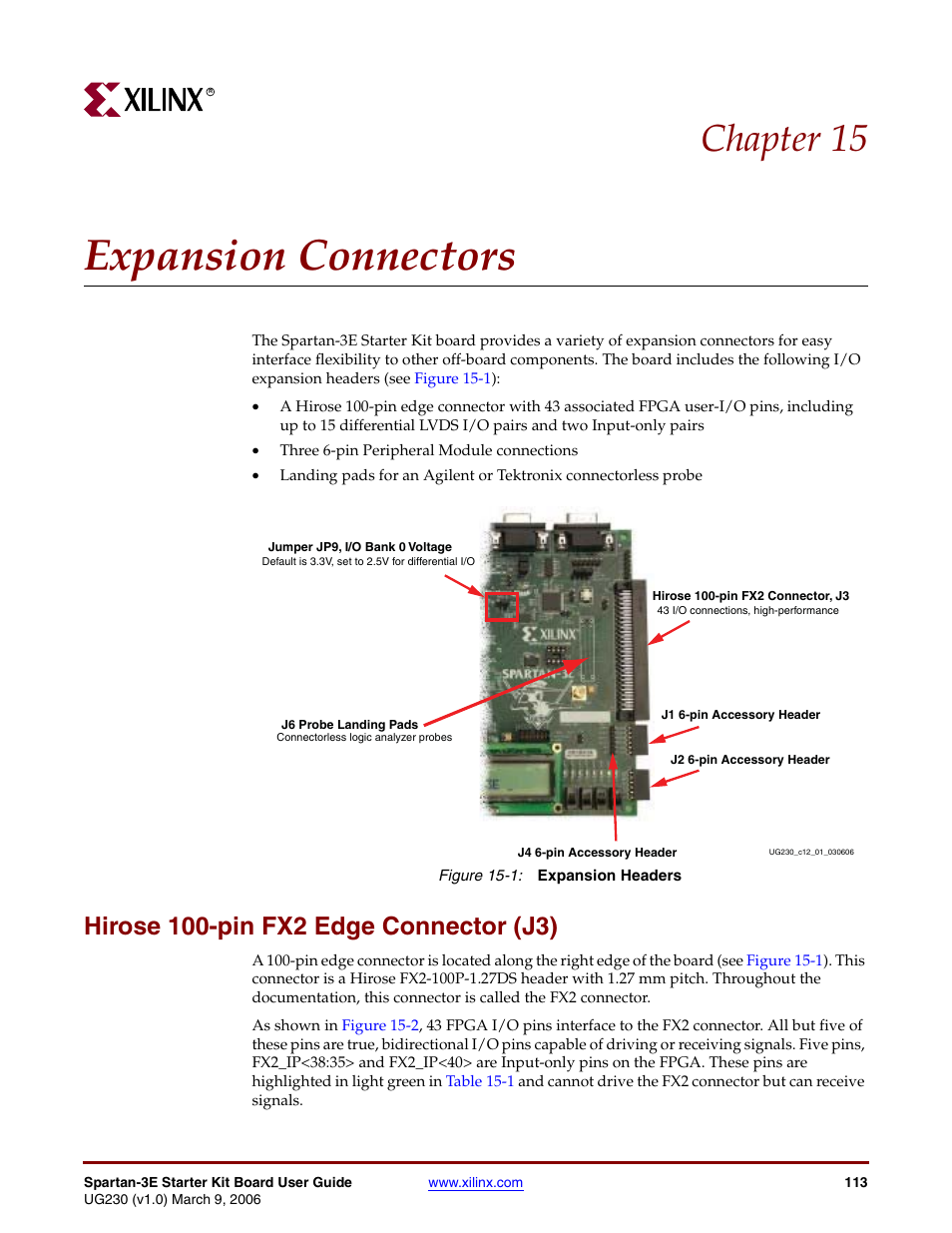 Expansion connectors, Hirose 100-pin fx2 edge connector (j3), Chapter 15: expansion connectors | Chapter 15, “expansion connectors, Chapter 15 | Digilent 410-087P-KIT User Manual | Page 113 / 164