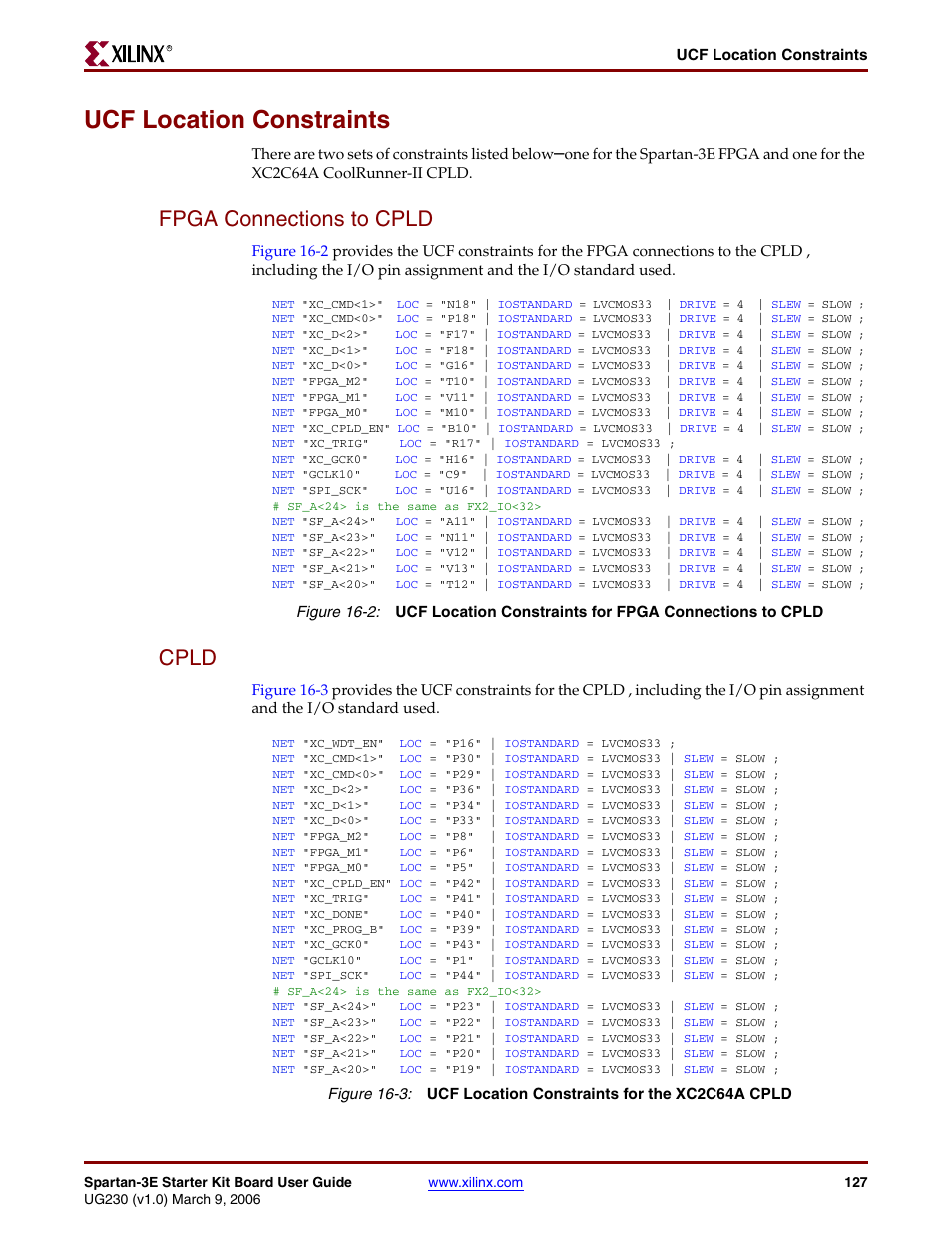 Ucf location constraints, Fpga connections to cpld, Cpld | Fpga connections to cpld cpld | Digilent 410-087P-KIT User Manual | Page 127 / 164