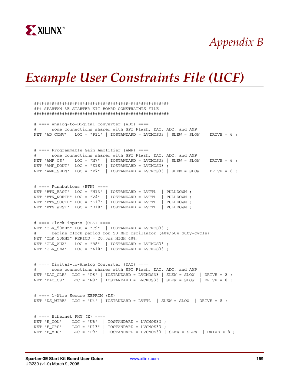 Example user constraints file (ucf), Appendix b: example user constraints file (ucf), Appendix b, “example user constraints file (ucf) | Appendix b | Digilent 410-087P-KIT User Manual | Page 159 / 164