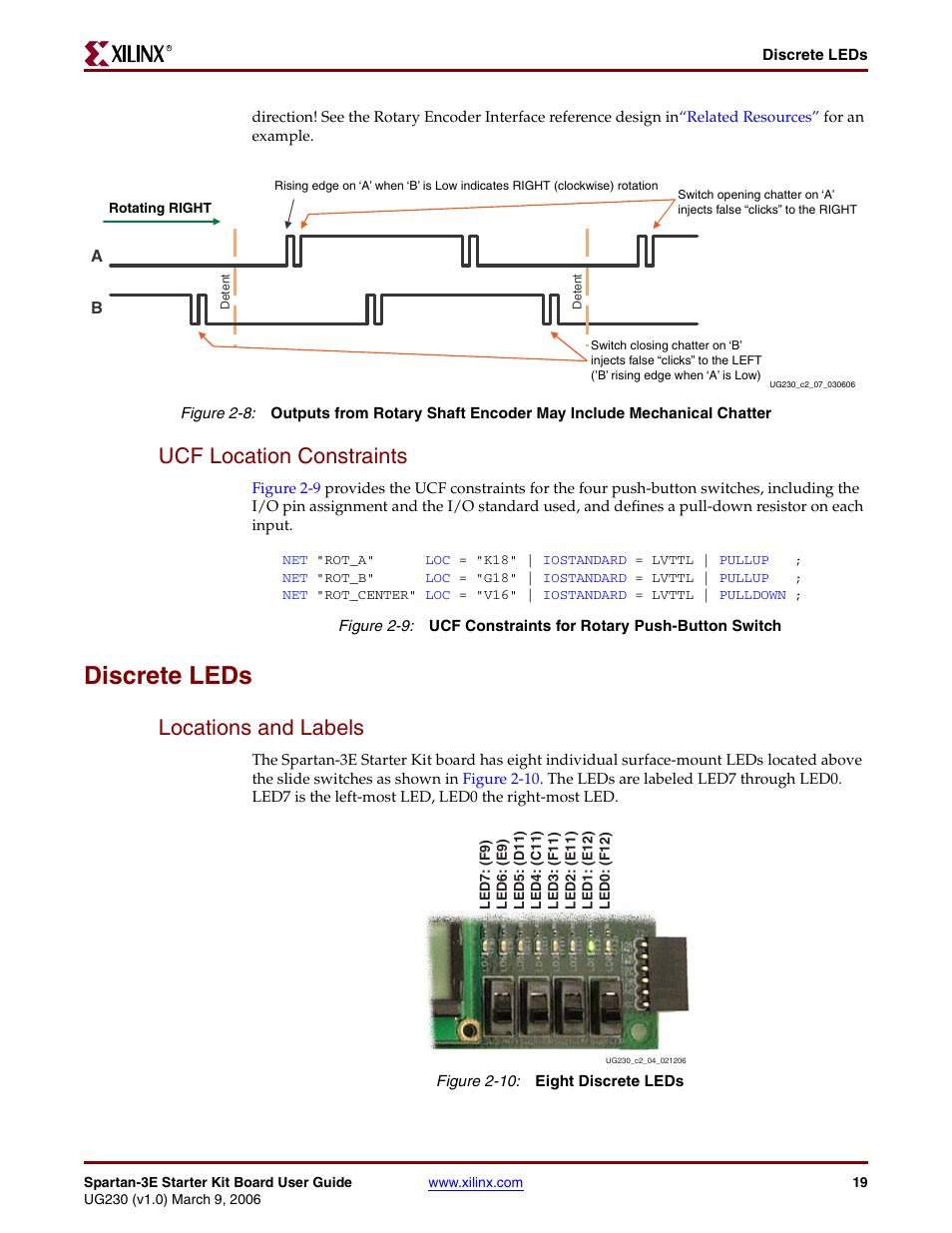 Ucf location constraints, Discrete leds, Locations and labels | Figure 2-9, Figure 2-8 | Digilent 410-087P-KIT User Manual | Page 19 / 164