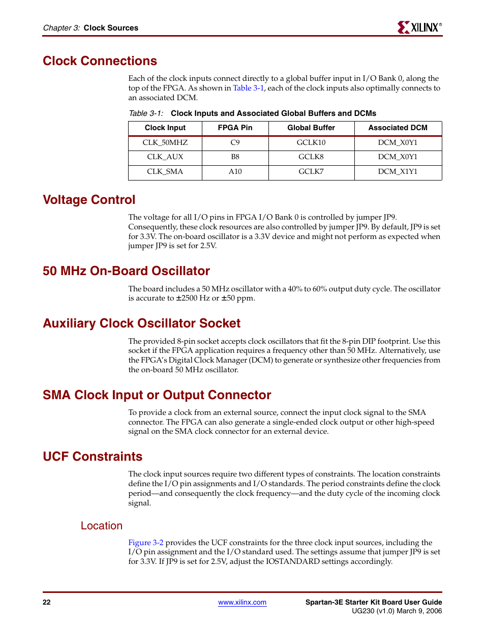Clock connections, Voltage control, 50 mhz on-board oscillator | Auxiliary clock oscillator socket, Sma clock input or output connector, Ucf constraints, Location | Digilent 410-087P-KIT User Manual | Page 22 / 164