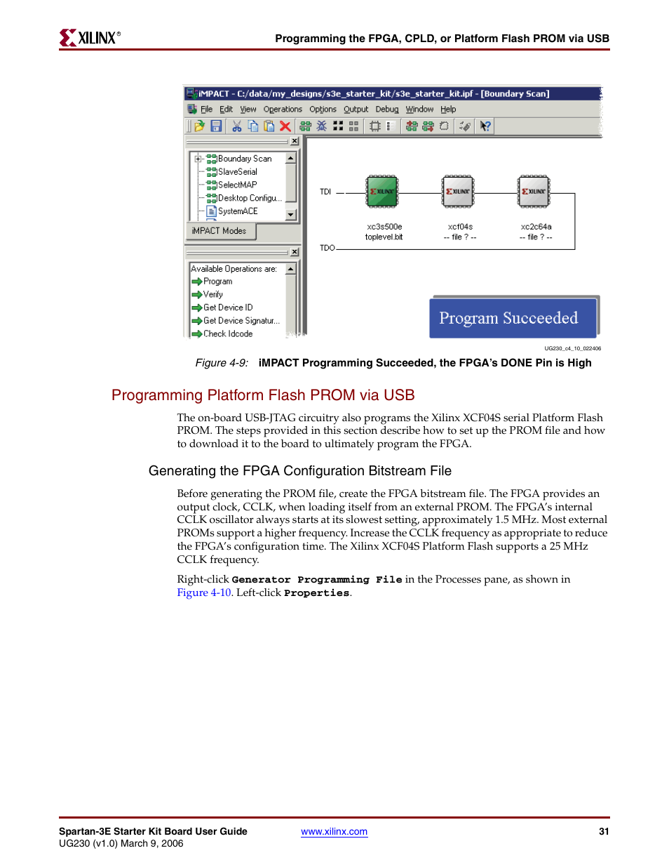 Programming platform flash prom via usb, Generating the fpga configuration bitstream file, Figure 4-9 | Digilent 410-087P-KIT User Manual | Page 31 / 164