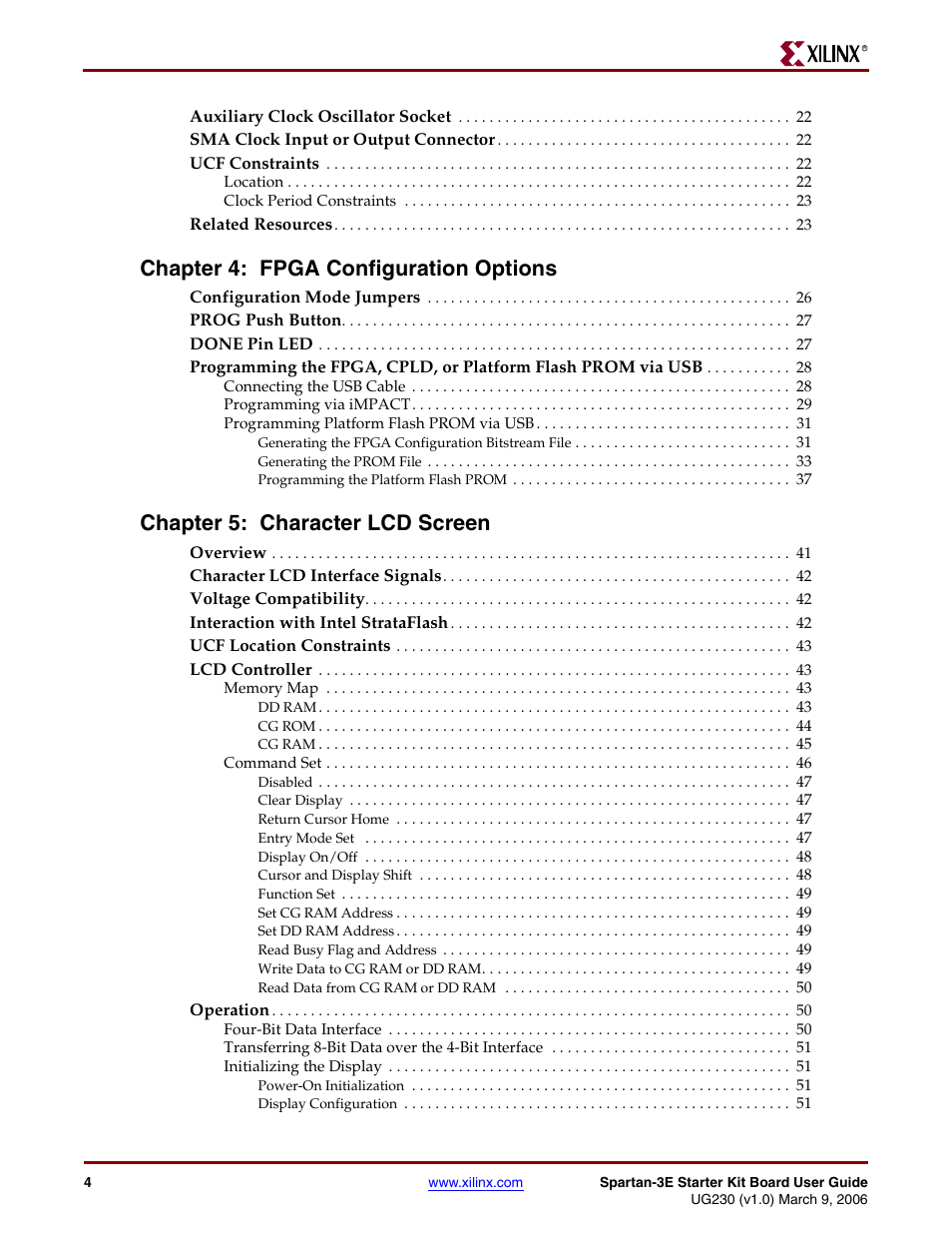 Chapter 4: fpga configuration options, Chapter 5: character lcd screen | Digilent 410-087P-KIT User Manual | Page 4 / 164