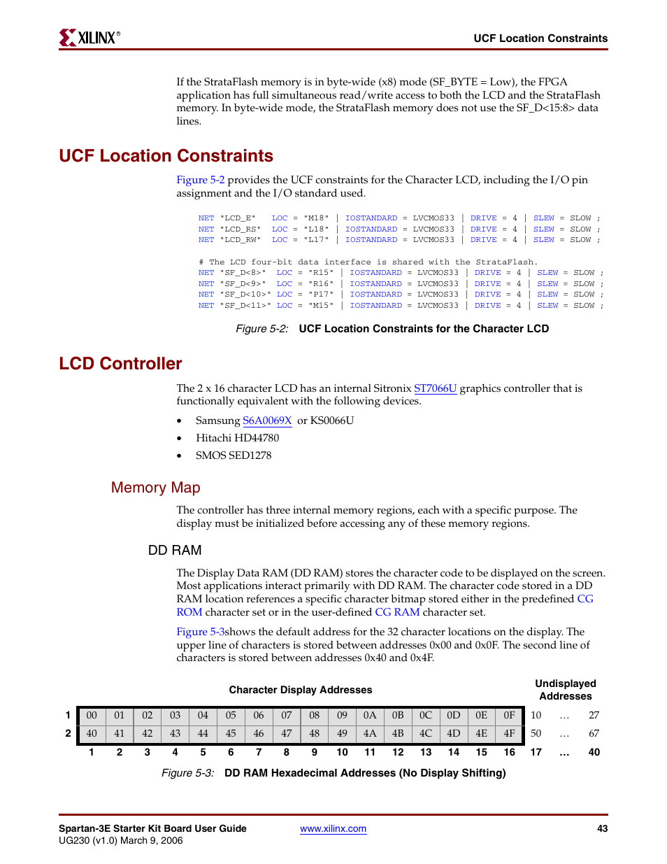 Ucf location constraints, Lcd controller, Memory map | Dd ram | Digilent 410-087P-KIT User Manual | Page 43 / 164