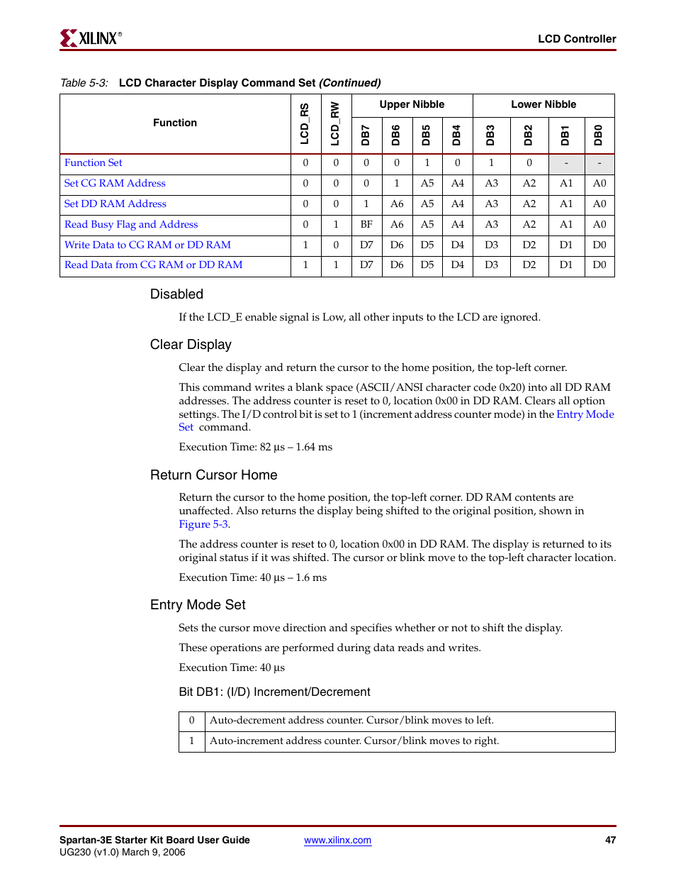 Disabled, Clear display, Return cursor home | Entry mode set, Entry, Mode set | Digilent 410-087P-KIT User Manual | Page 47 / 164