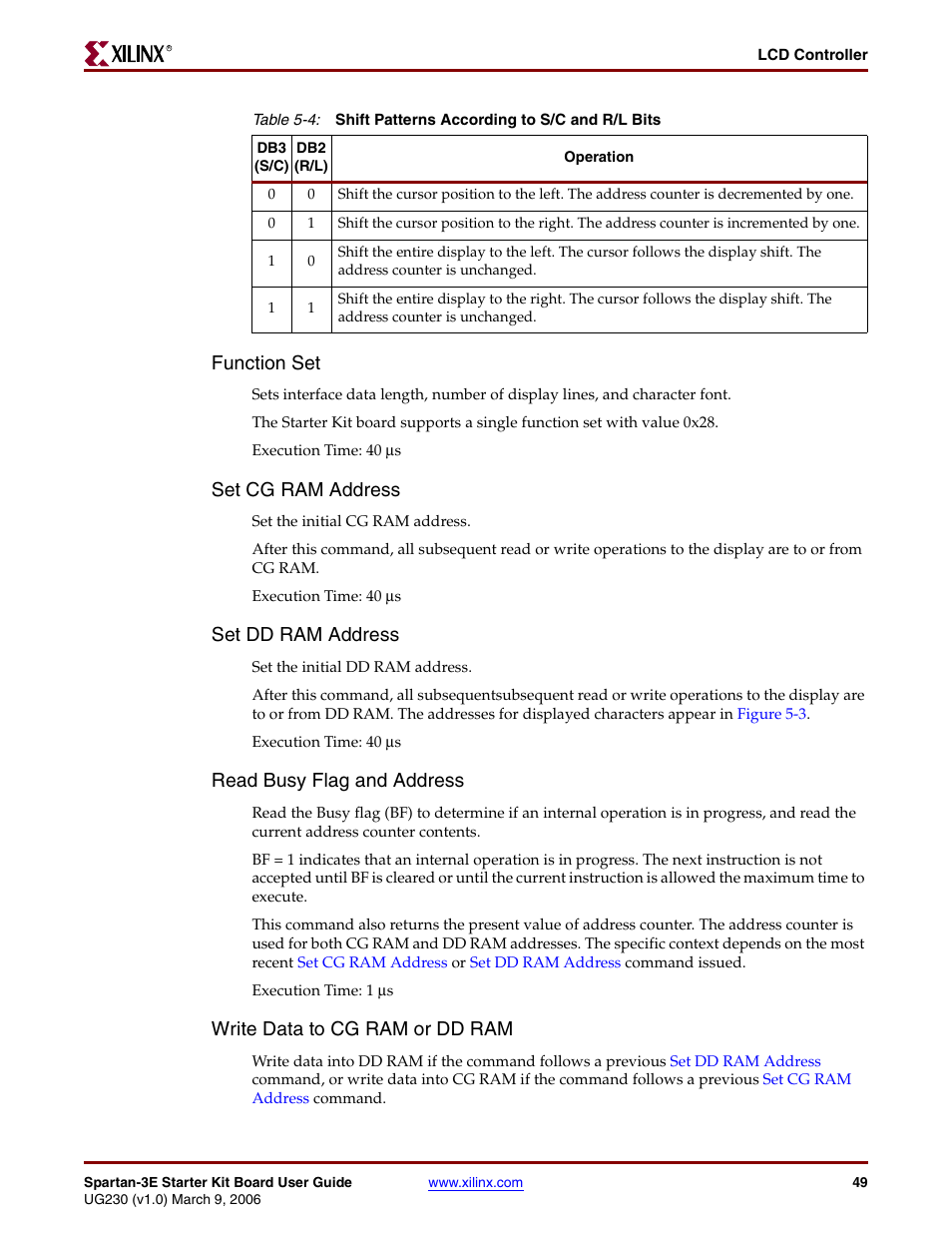 Function set, Set cg ram address, Set dd ram address | Read busy flag and address, Write data to cg ram or dd ram | Digilent 410-087P-KIT User Manual | Page 49 / 164