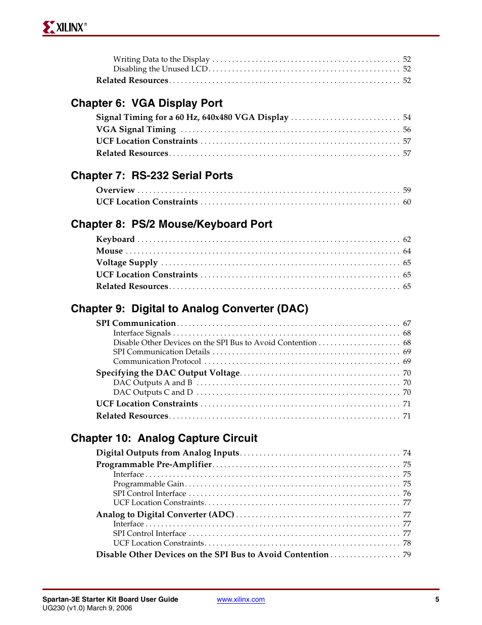 Chapter 6: vga display port, Chapter 7: rs-232 serial ports, Chapter 8: ps/2 mouse/keyboard port | Chapter 9: digital to analog converter (dac), Chapter 10: analog capture circuit | Digilent 410-087P-KIT User Manual | Page 5 / 164