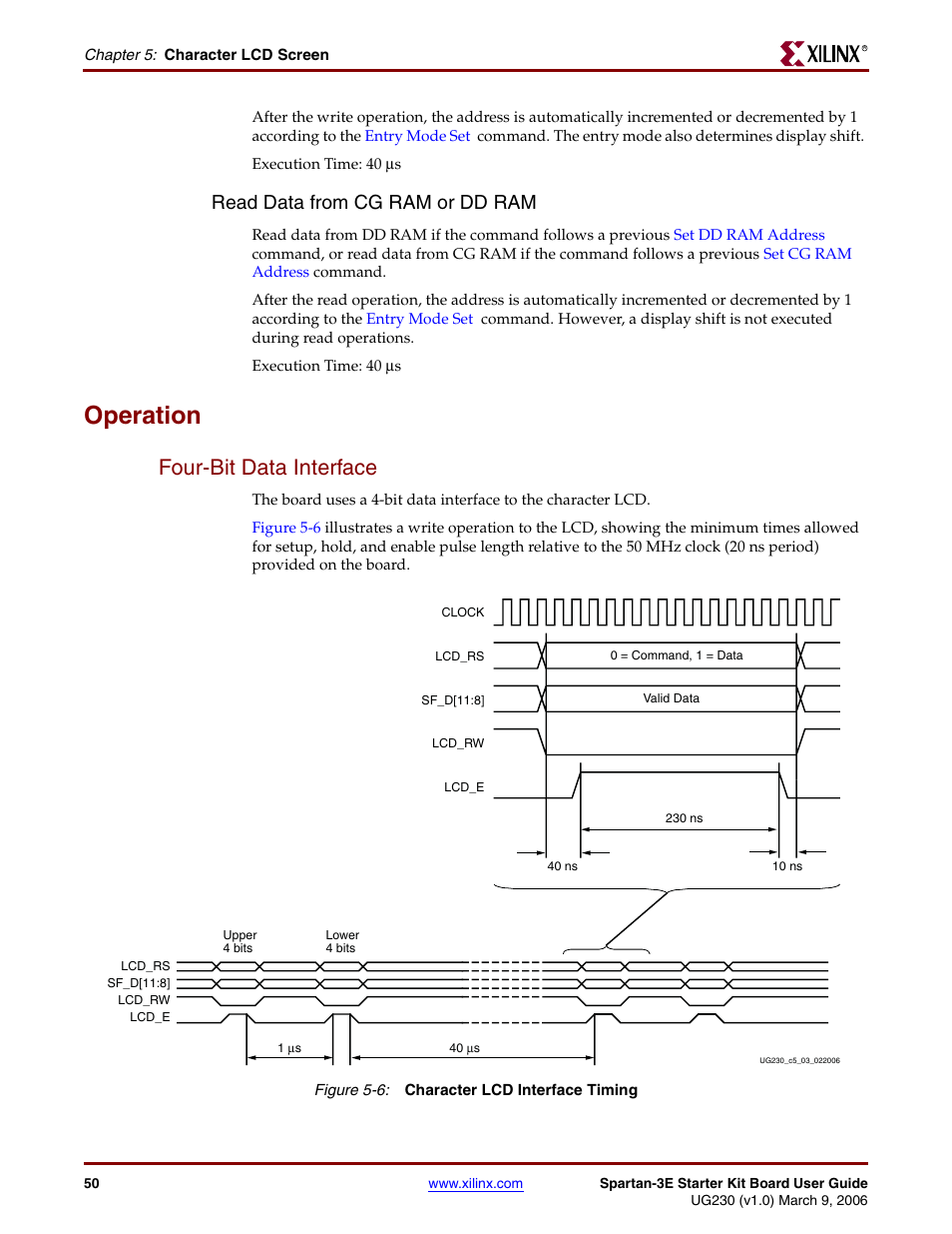 Operation, Four-bit data interface, Read data from cg ram or dd ram | Read data from, Cg ram or dd ram | Digilent 410-087P-KIT User Manual | Page 50 / 164