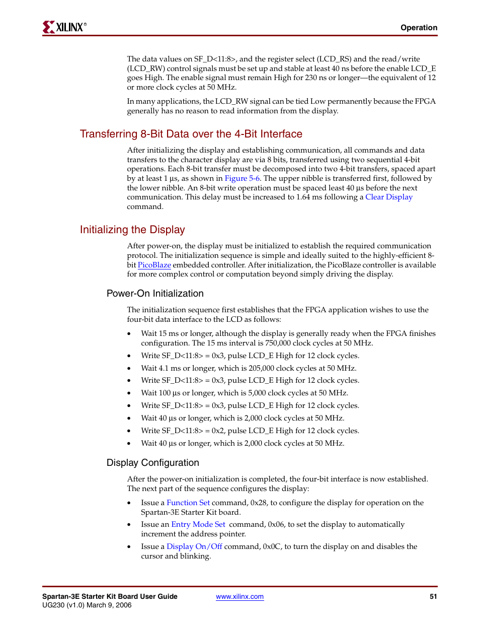 Transferring 8-bit data over the 4-bit interface, Initializing the display, Power-on initialization | Display configuration | Digilent 410-087P-KIT User Manual | Page 51 / 164