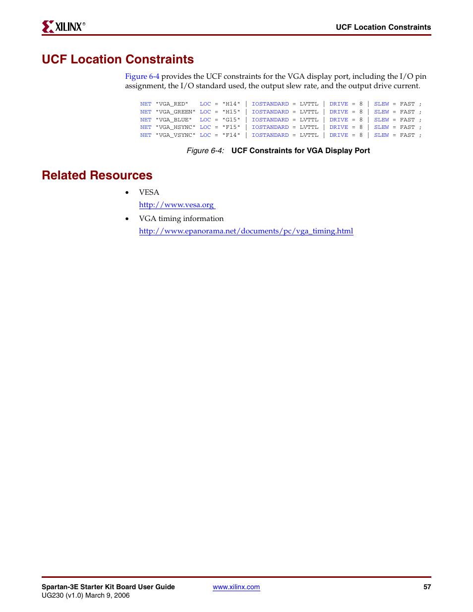 Ucf location constraints, Related resources, Related | Digilent 410-087P-KIT User Manual | Page 57 / 164