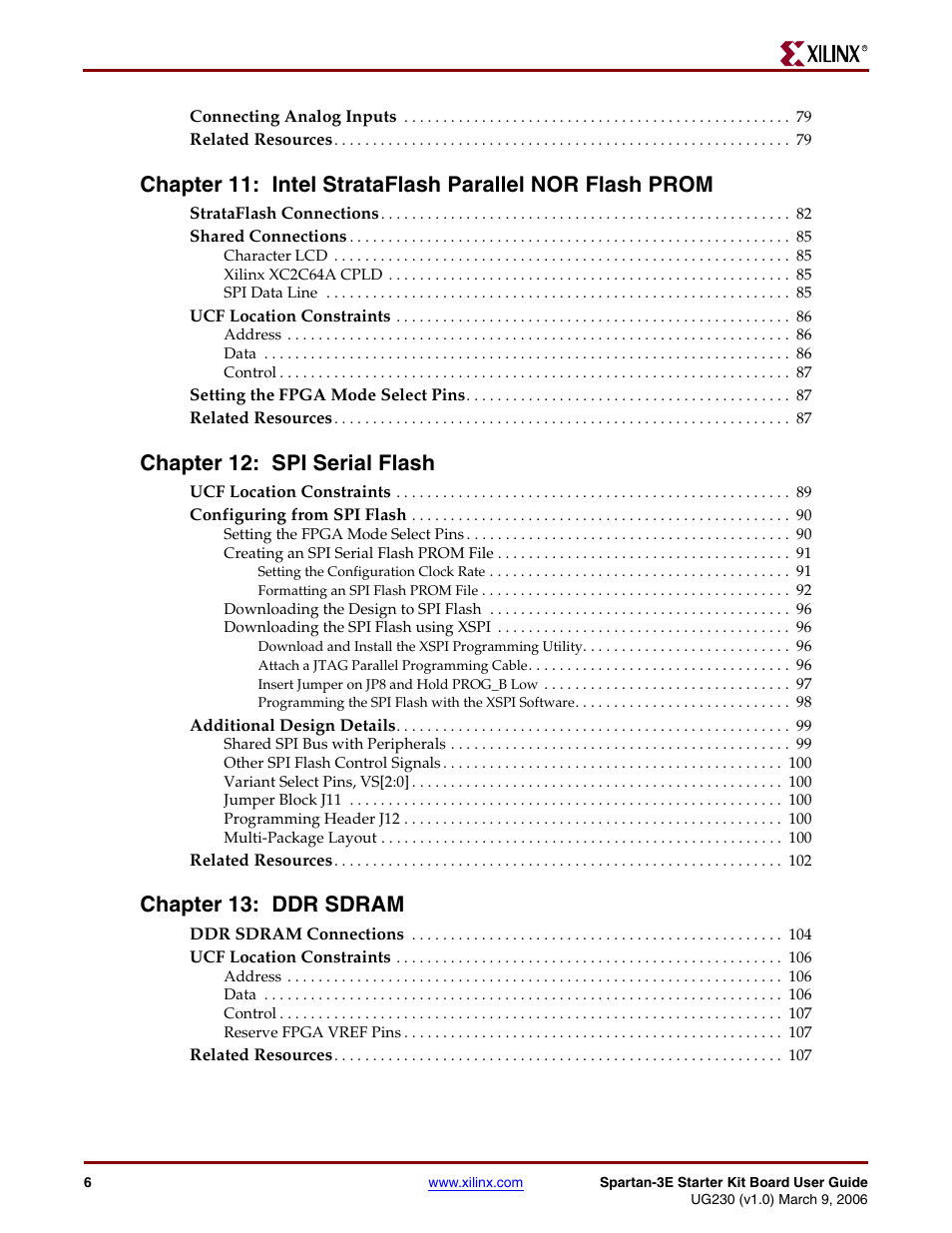 Chapter 12: spi serial flash, Chapter 13: ddr sdram | Digilent 410-087P-KIT User Manual | Page 6 / 164
