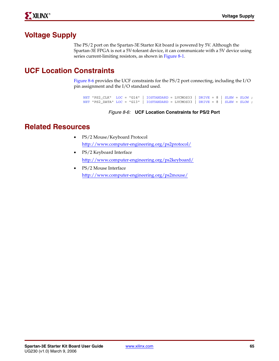 Voltage supply, Ucf location constraints, Related resources | Digilent 410-087P-KIT User Manual | Page 65 / 164