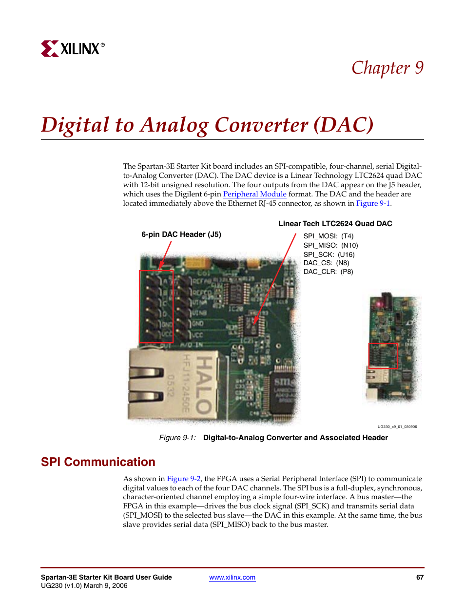 Digital to analog converter (dac), Spi communication, Chapter 9: digital to analog converter (dac) | Chapter 9, “digital to analog converter (dac), Describes th, Chapter 9 | Digilent 410-087P-KIT User Manual | Page 67 / 164