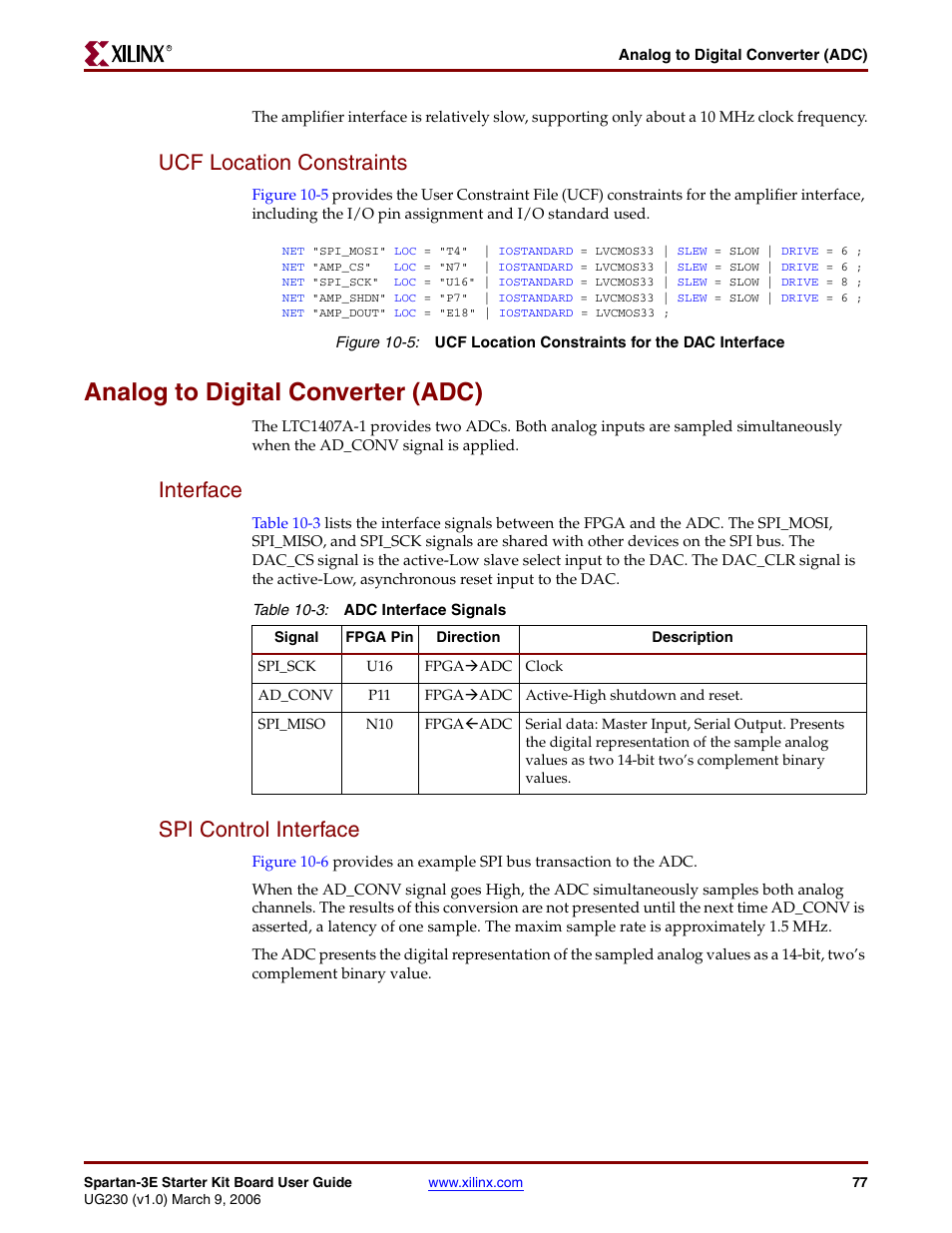 Ucf location constraints, Analog to digital converter (adc), Interface | Spi control interface, Interface spi control interface | Digilent 410-087P-KIT User Manual | Page 77 / 164