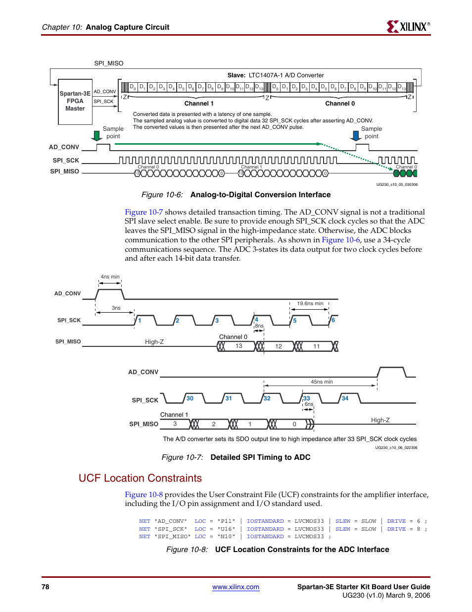 Ucf location constraints, Figure 10-6, Chapter 10: analog capture circuit | Figure 10-7: detailed spi timing to adc | Digilent 410-087P-KIT User Manual | Page 78 / 164