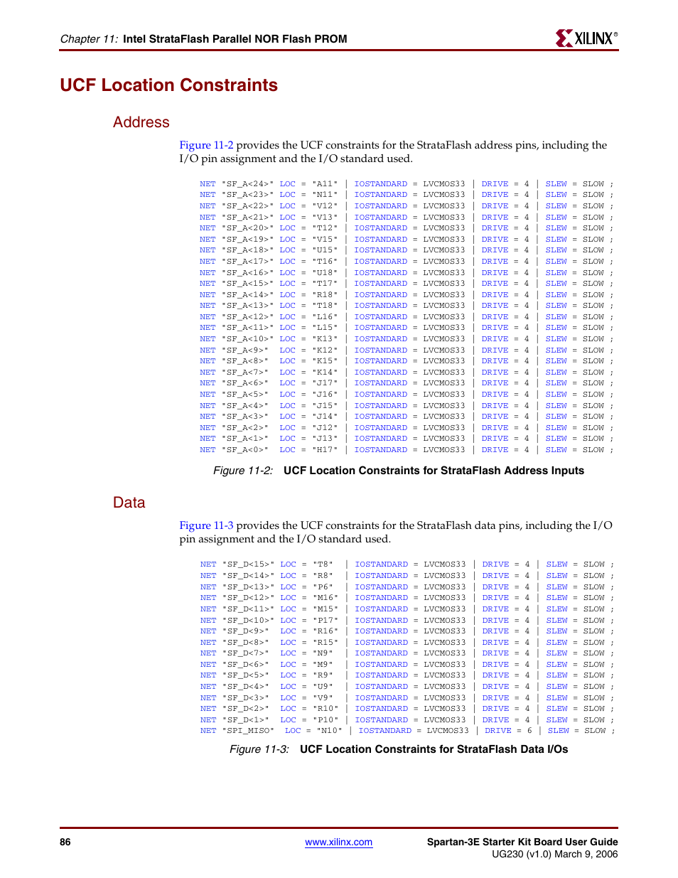 Ucf location constraints, Address, Data | Address data | Digilent 410-087P-KIT User Manual | Page 86 / 164