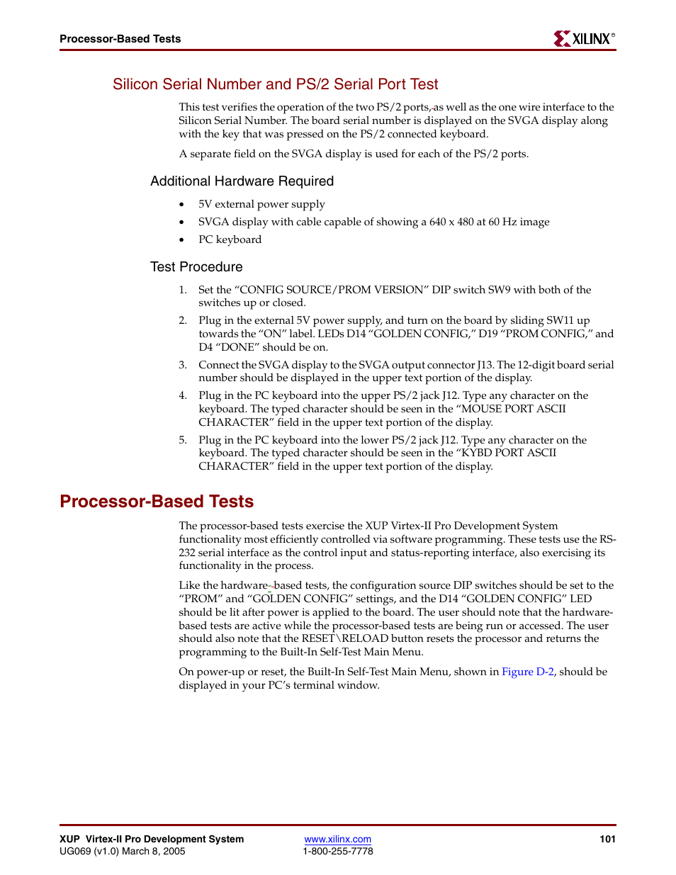 Silicon serial number and ps/2 serial port test, Processor-based tests, Additional hardware required | Test procedure | Digilent 6003-410-000P-KIT User Manual | Page 101 / 138