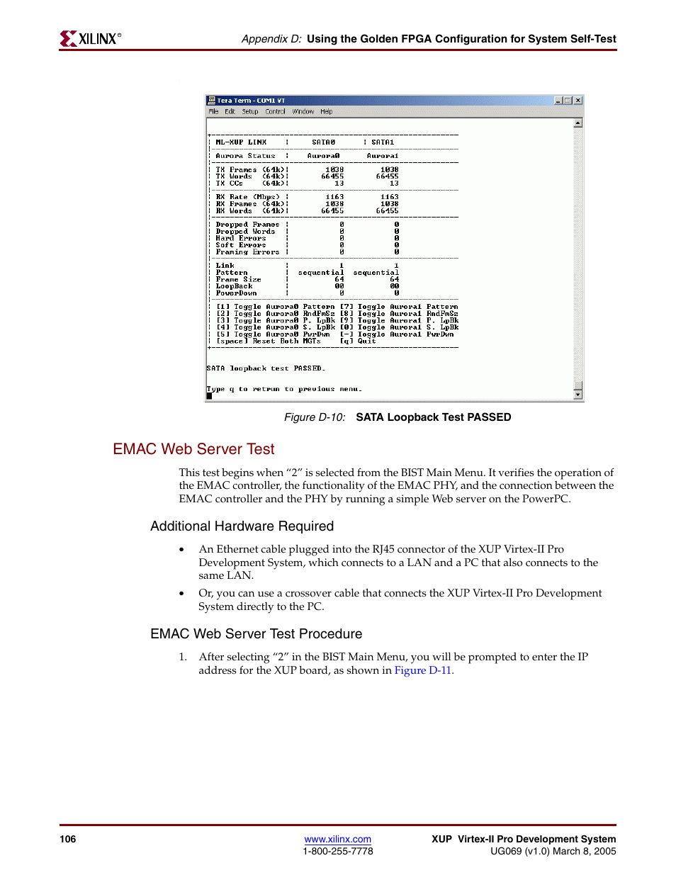 Emac web server test, Additional hardware required, Emac web server test procedure | Figure d-10 | Digilent 6003-410-000P-KIT User Manual | Page 106 / 138