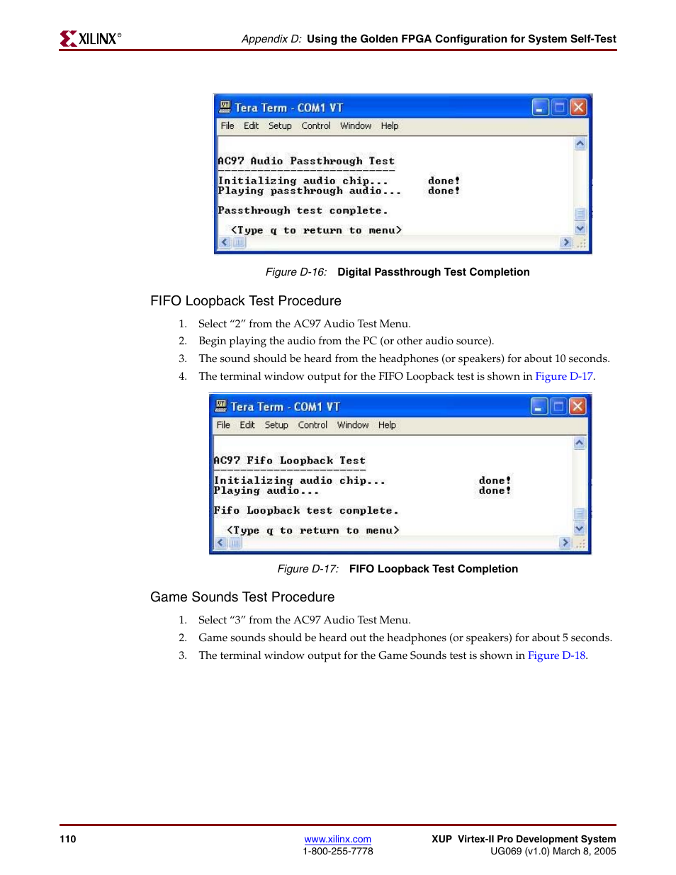 Fifo loopback test procedure, Game sounds test procedure, Figure d-16 | Figure d-17 | Digilent 6003-410-000P-KIT User Manual | Page 110 / 138
