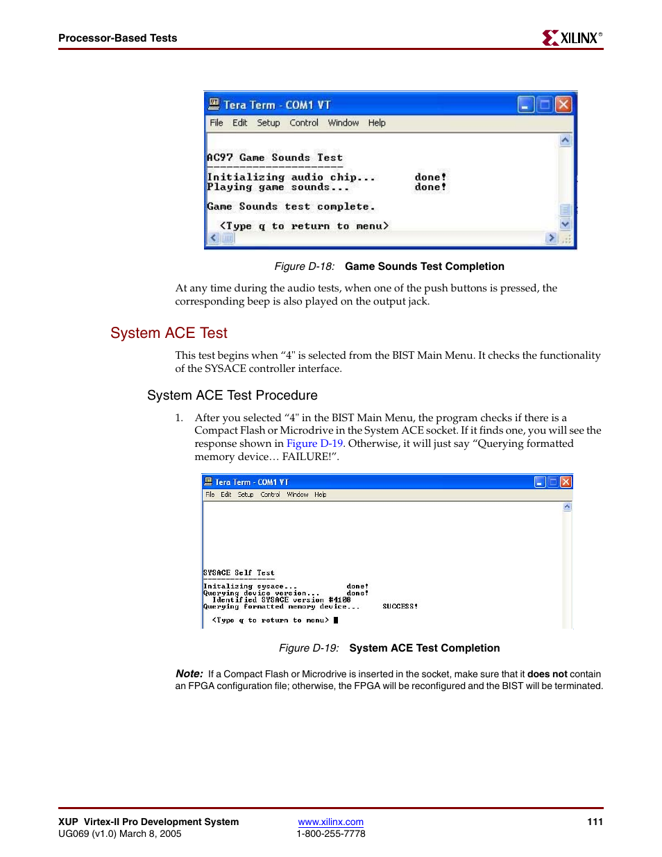 System ace test, System ace test procedure, Figure d-18 | Figure d-19 | Digilent 6003-410-000P-KIT User Manual | Page 111 / 138