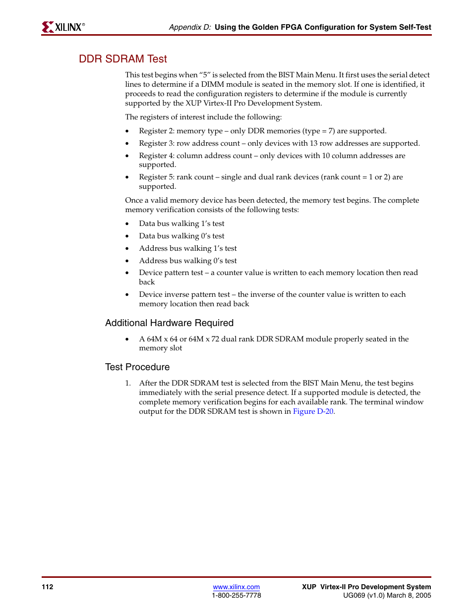 Ddr sdram test, Additional hardware required, Test procedure | Digilent 6003-410-000P-KIT User Manual | Page 112 / 138