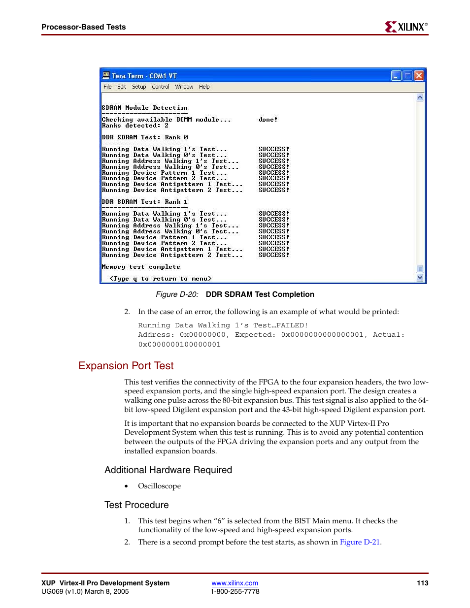 Expansion port test, Additional hardware required, Test procedure | Figure d-20 | Digilent 6003-410-000P-KIT User Manual | Page 113 / 138