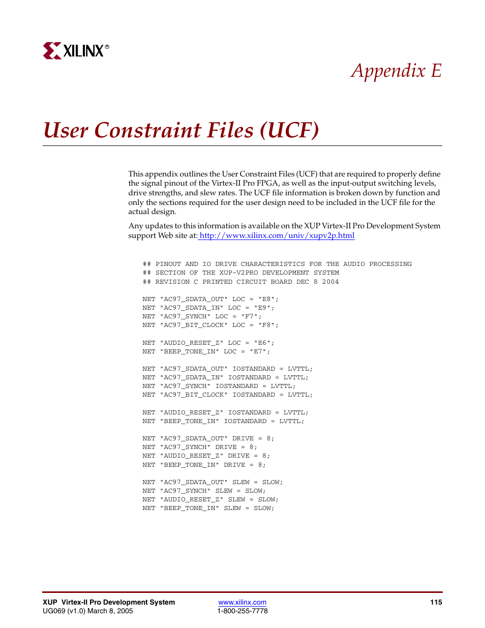 User constraint files (ucf), Appendix e: user constraint files (ucf), Appendix e | Digilent 6003-410-000P-KIT User Manual | Page 115 / 138
