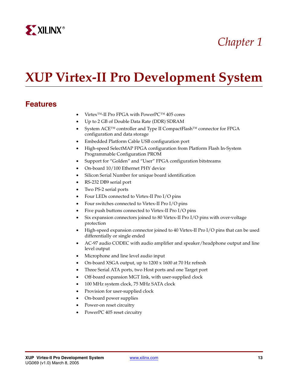 Xup virtex-iipro development system, Features, Chapter 1: xup virtex-ii pro development system | Xup virtex-ii pro development system, Chapter 1 | Digilent 6003-410-000P-KIT User Manual | Page 13 / 138