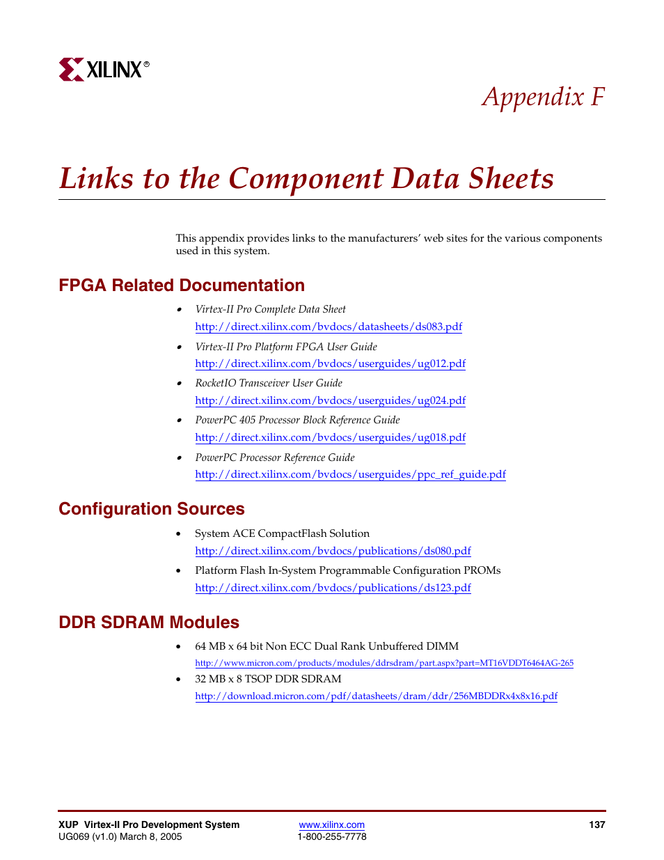 Links to the component data sheets, Fpga related documentation, Configuration sources | Ddr sdram modules, Appendix f: links to the component data sheets, Appendix f | Digilent 6003-410-000P-KIT User Manual | Page 137 / 138