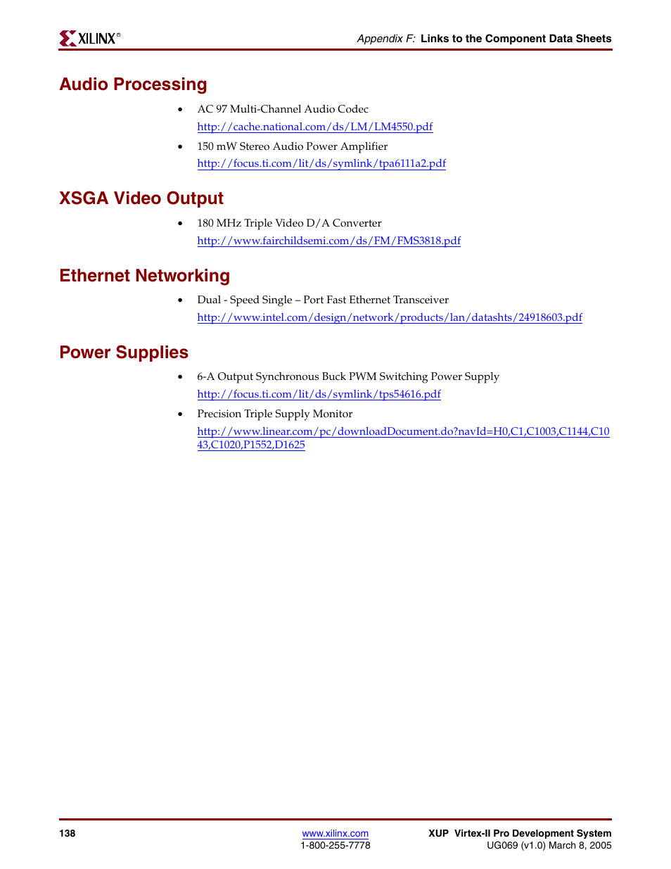 Audio processing, Xsga video output, Ethernet networking | Power supplies | Digilent 6003-410-000P-KIT User Manual | Page 138 / 138