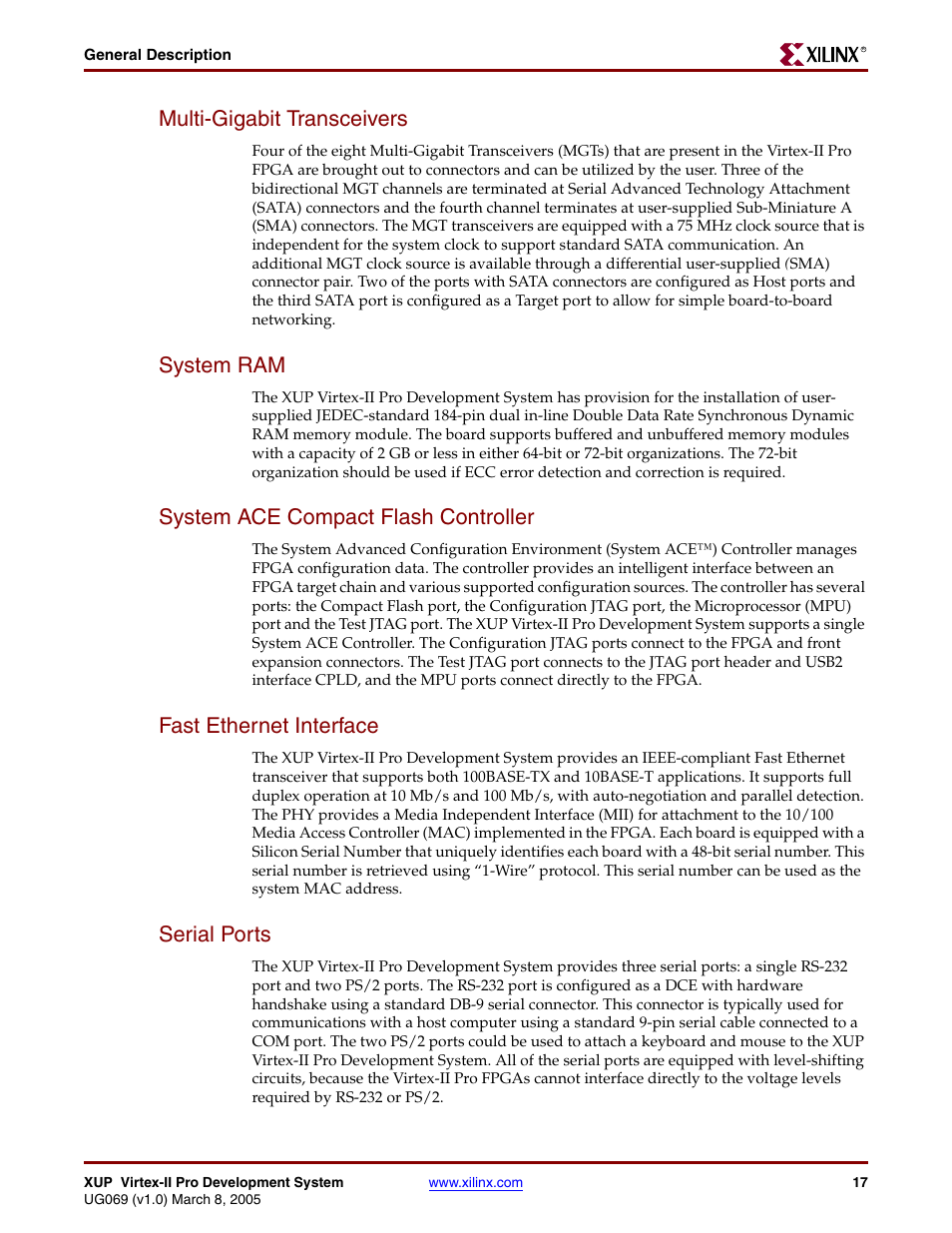 Multi-gigabit transceivers, System ram, System ace compact flash controller | Fast ethernet interface, Serial ports | Digilent 6003-410-000P-KIT User Manual | Page 17 / 138