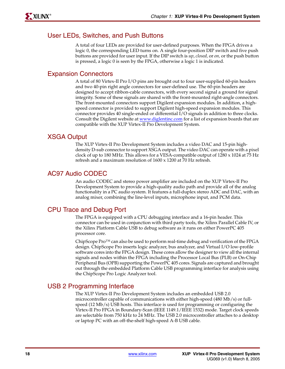 User leds, switches, and push buttons, Expansion connectors, Xsga output | Ac97 audio codec, Cpu trace and debug port, Usb 2 programming interface | Digilent 6003-410-000P-KIT User Manual | Page 18 / 138