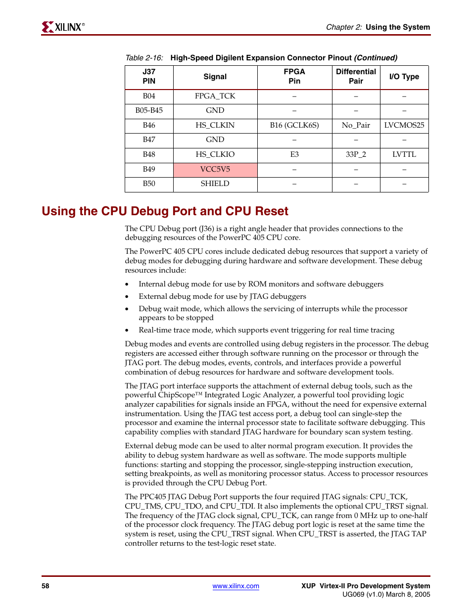 Using the cpu debug port and cpu reset | Digilent 6003-410-000P-KIT User Manual | Page 58 / 138