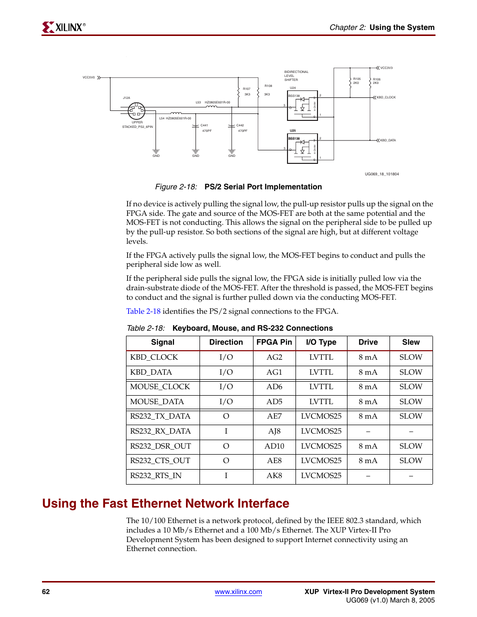 Using the fast ethernet network interface, Figure 2-18, Table 2-18 | Is u, Chapter 2: using the system | Digilent 6003-410-000P-KIT User Manual | Page 62 / 138