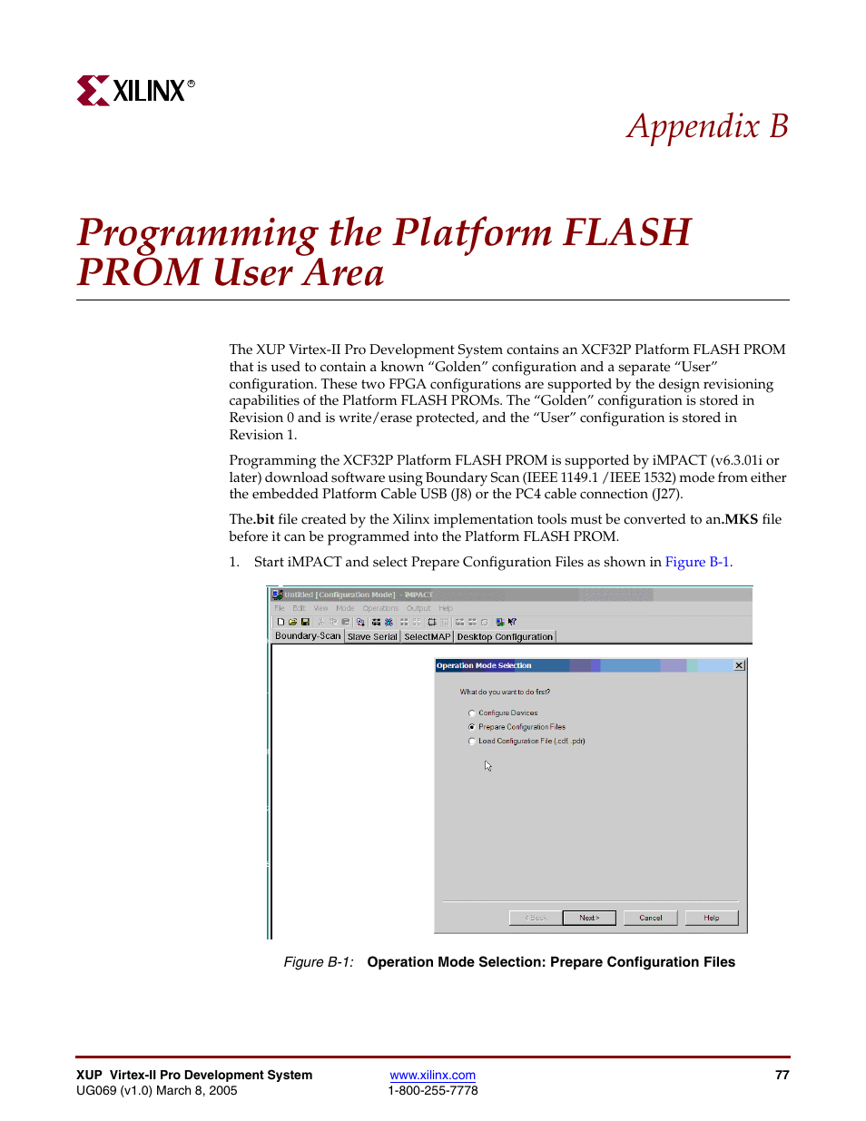 Programming the platform flash prom user area, Figure b-1, Appendix b | Digilent 6003-410-000P-KIT User Manual | Page 77 / 138