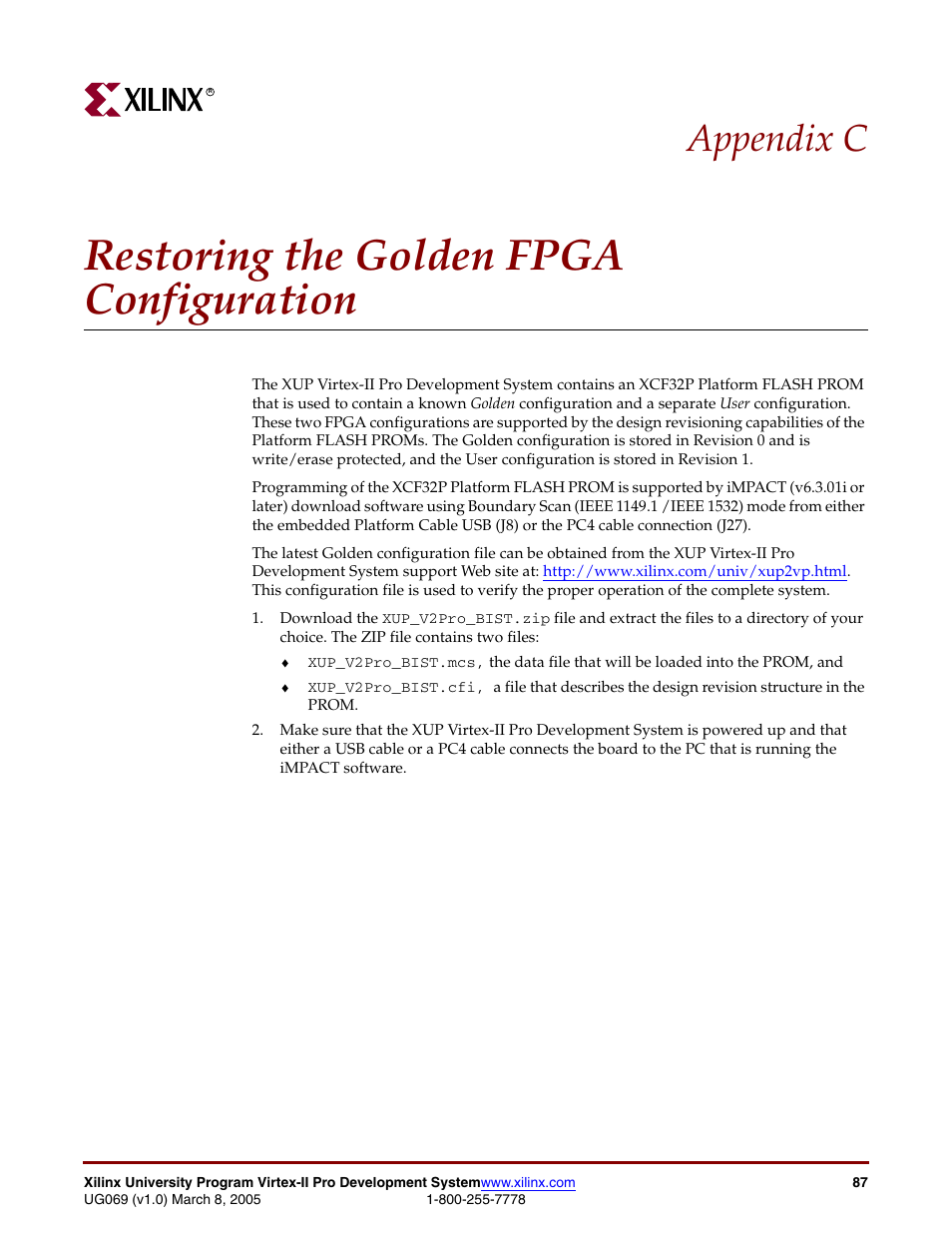 Restoring the golden fpga configuration, Appendix c | Digilent 6003-410-000P-KIT User Manual | Page 87 / 138