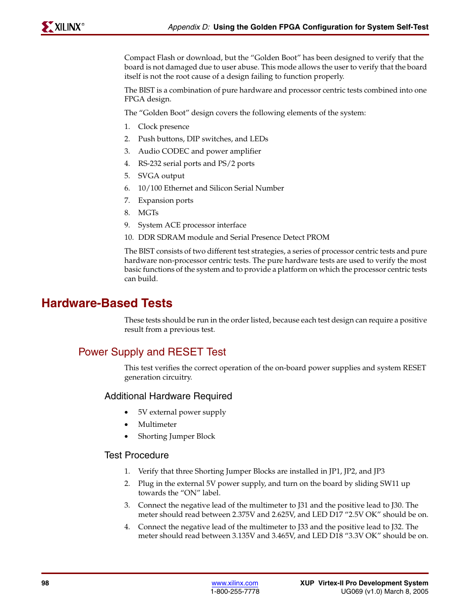 Hardware-based tests, Power supply and reset test, Additional hardware required | Test procedure | Digilent 6003-410-000P-KIT User Manual | Page 98 / 138
