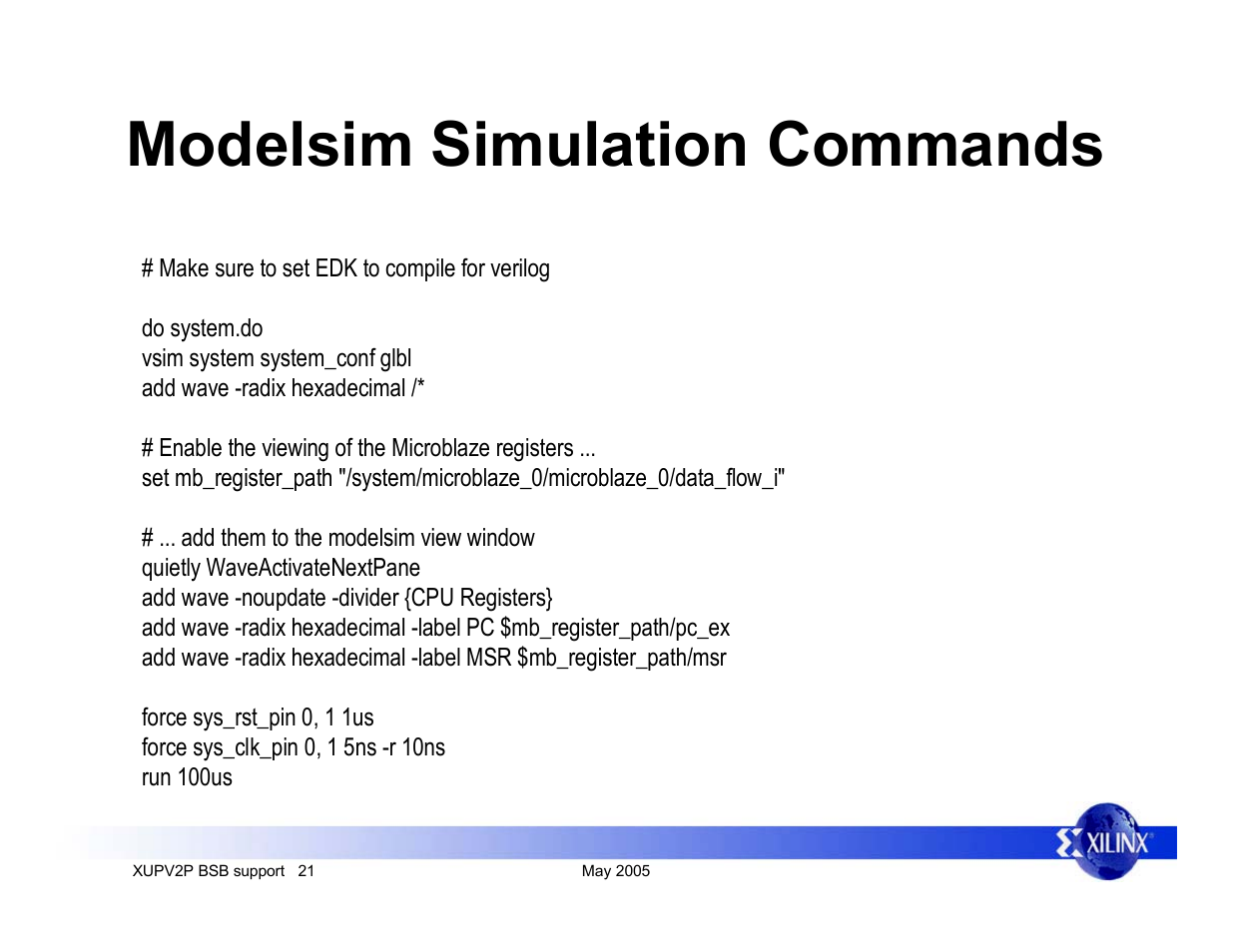 Modelsim simulation commands | Digilent XUPV2P User Manual | Page 21 / 23