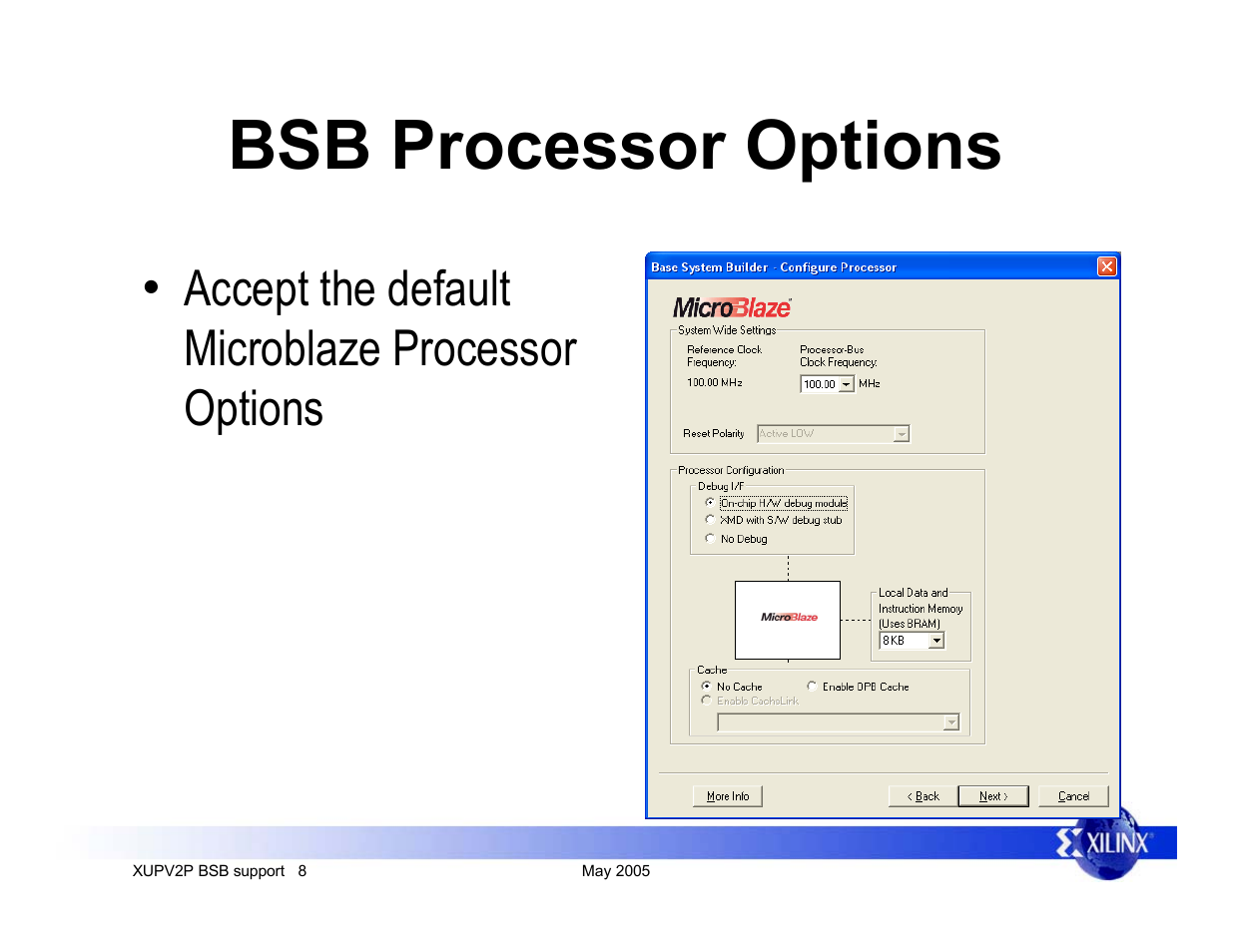 Bsb processor options, Accept the default microblaze processor options | Digilent XUPV2P User Manual | Page 8 / 23