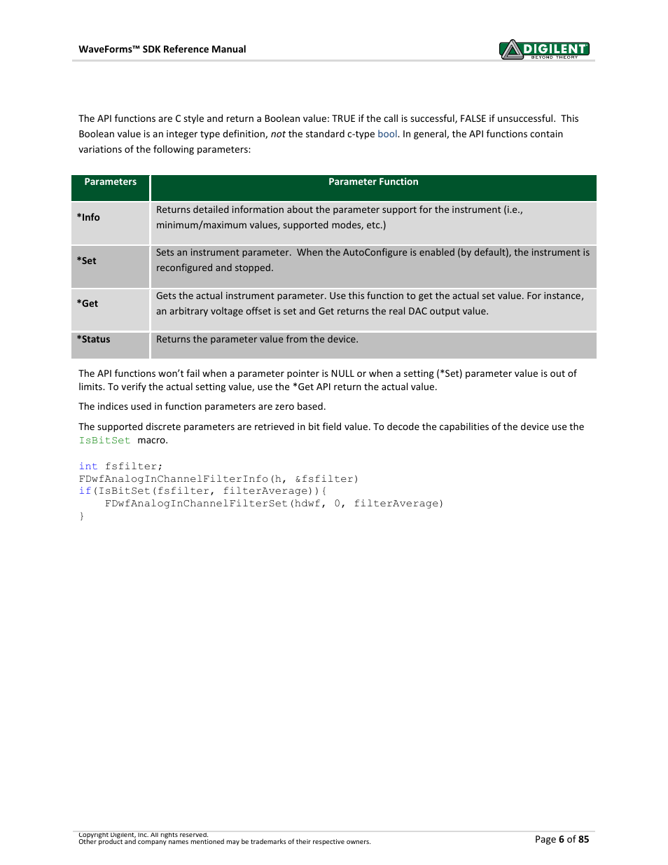 2 calling api functions, Calling api functions | Digilent WaveForms User Manual | Page 6 / 85