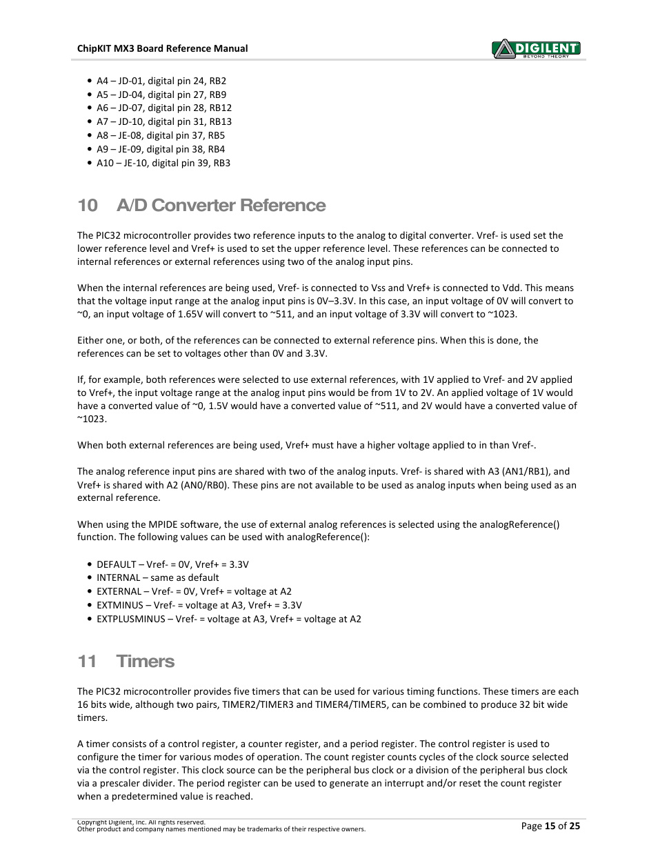 10 a/d converter reference, 11 timers | Digilent 410-297P-KIT User Manual | Page 15 / 25