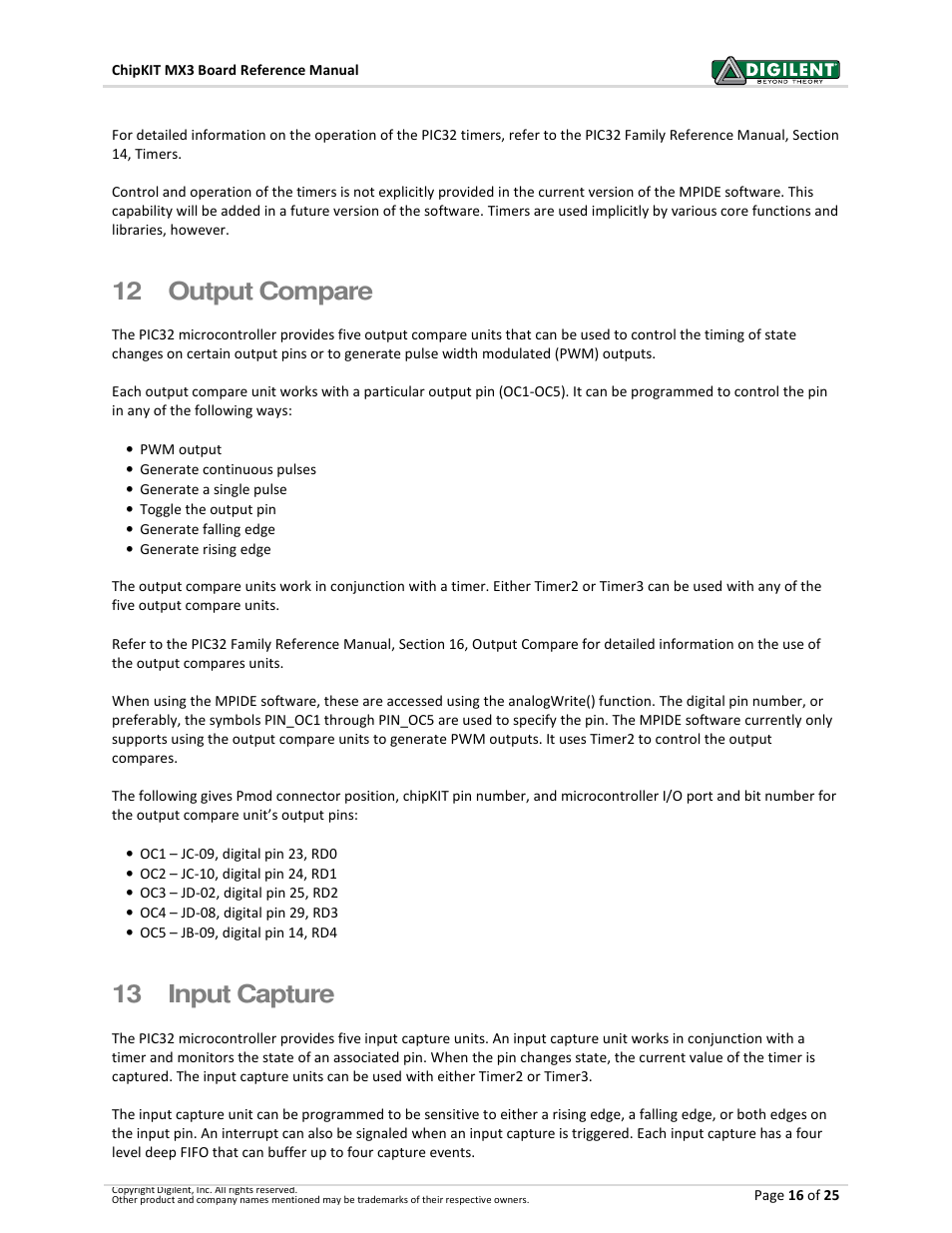 12 output compare, 13 input capture | Digilent 410-297P-KIT User Manual | Page 16 / 25