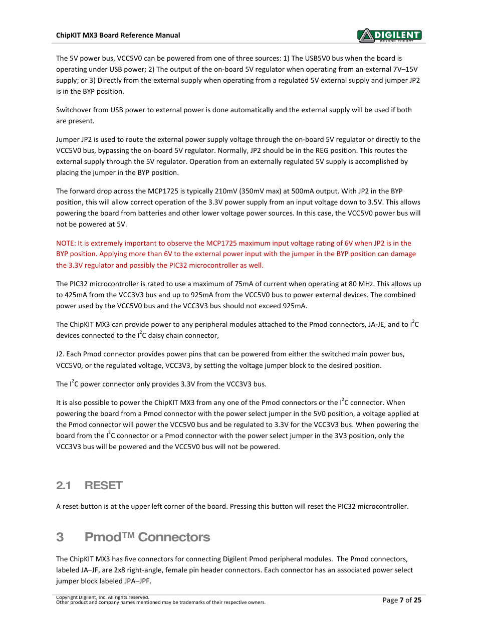 3pmod™ connectors, 1 reset | Digilent 410-297P-KIT User Manual | Page 7 / 25