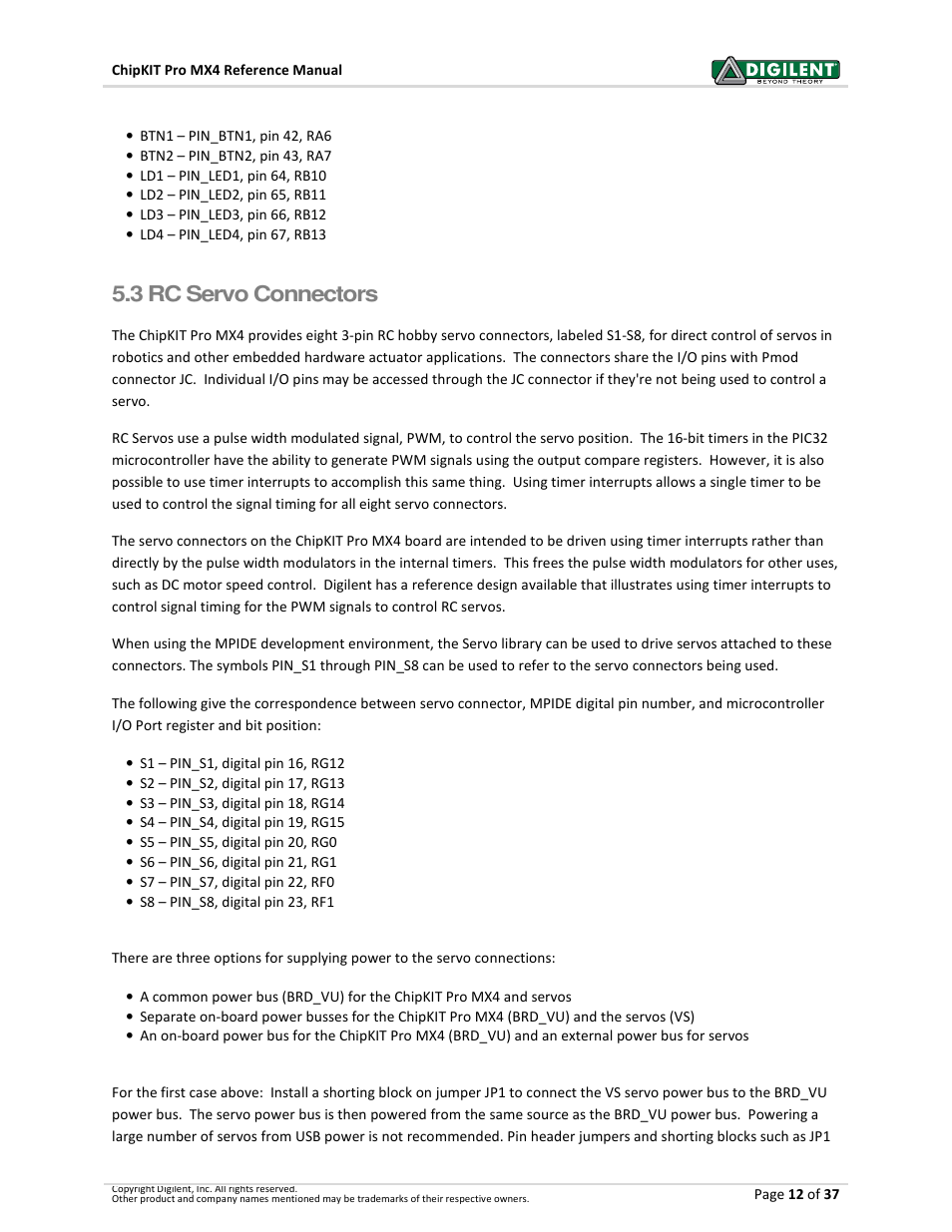3 rc servo connectors | Digilent 410-295P-KIT User Manual | Page 12 / 37