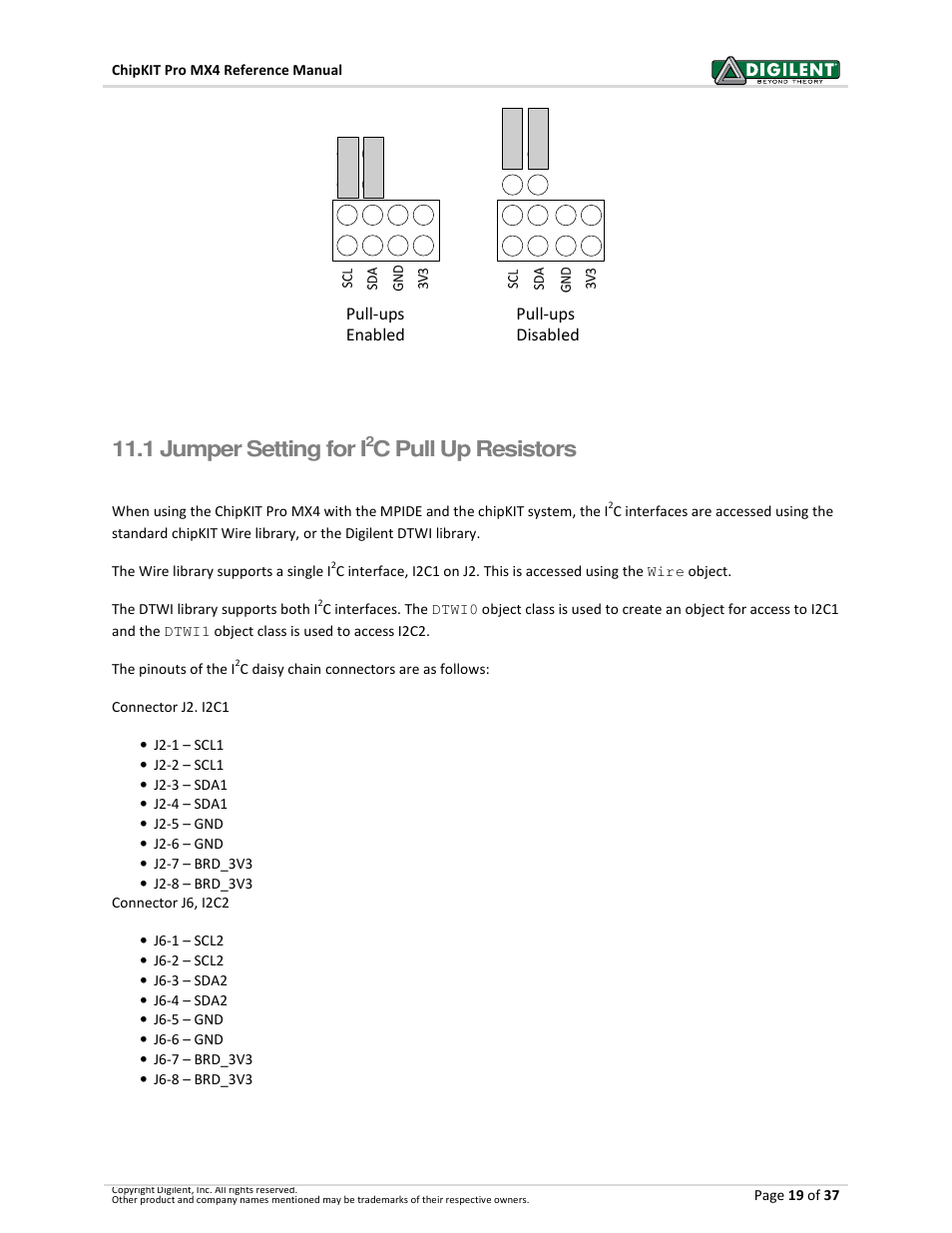 1 jumper setting for i, C pull up resistors | Digilent 410-295P-KIT User Manual | Page 19 / 37