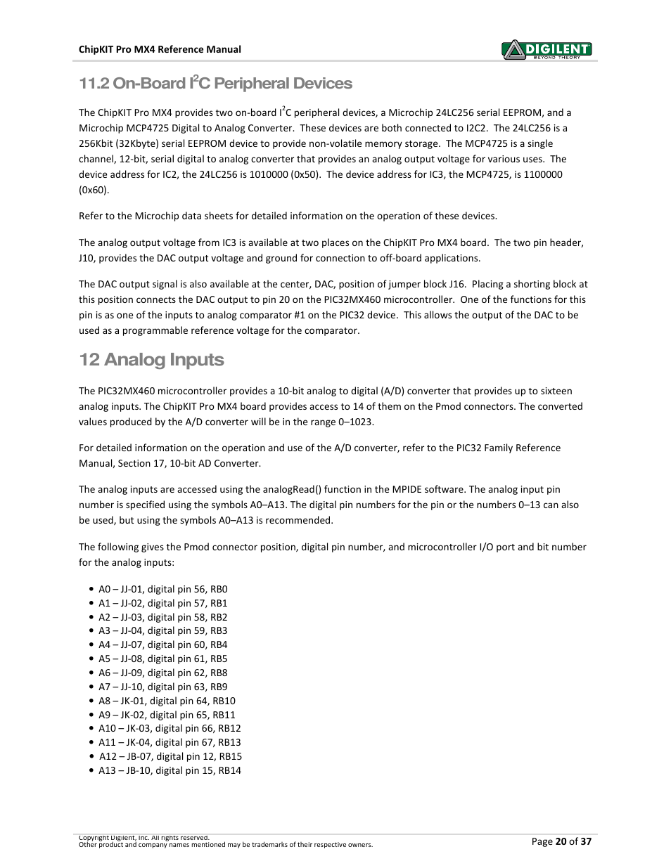 12 analog inputs, 2 on-board i, C peripheral devices | Digilent 410-295P-KIT User Manual | Page 20 / 37