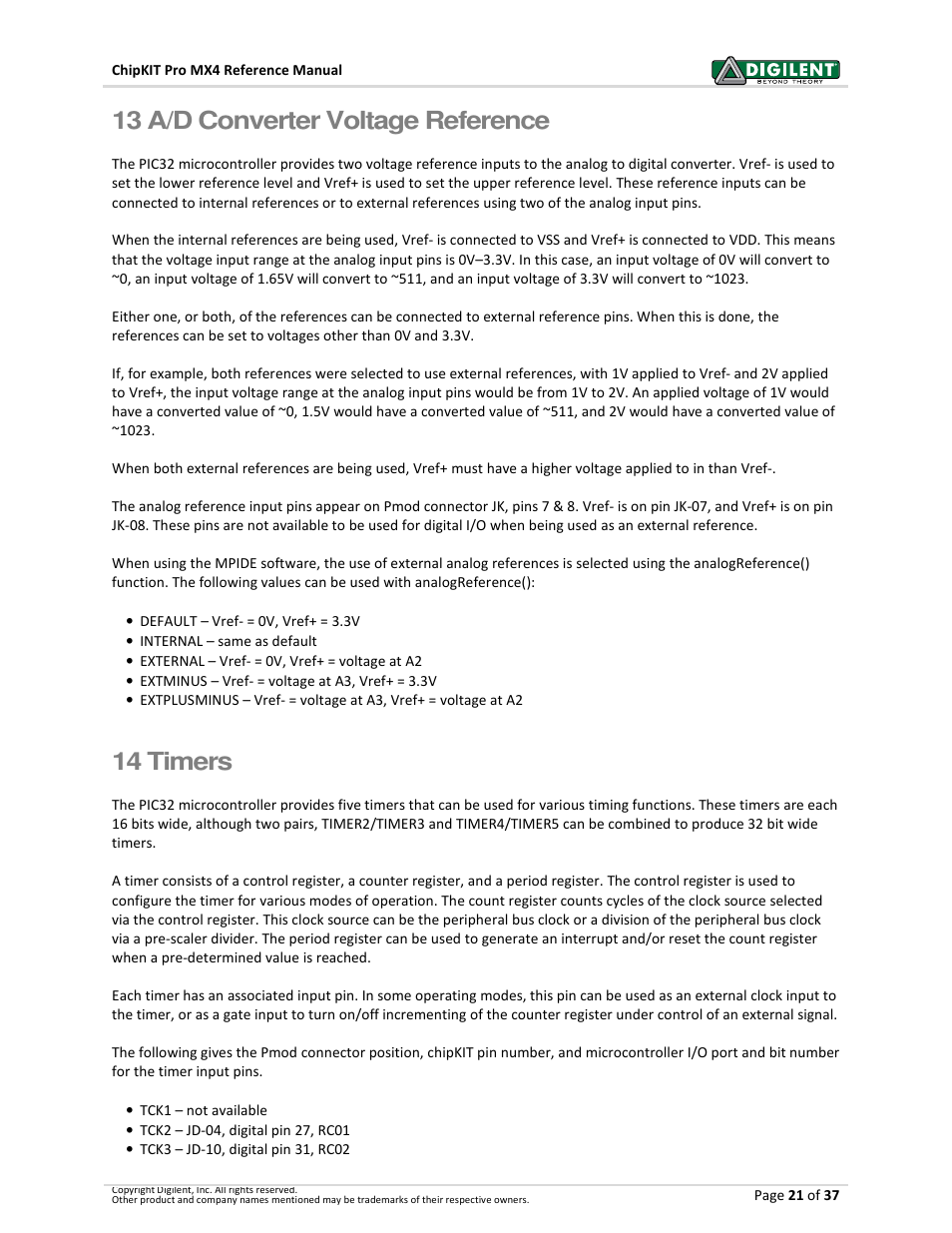 13 a/d converter voltage reference, 14 timers | Digilent 410-295P-KIT User Manual | Page 21 / 37