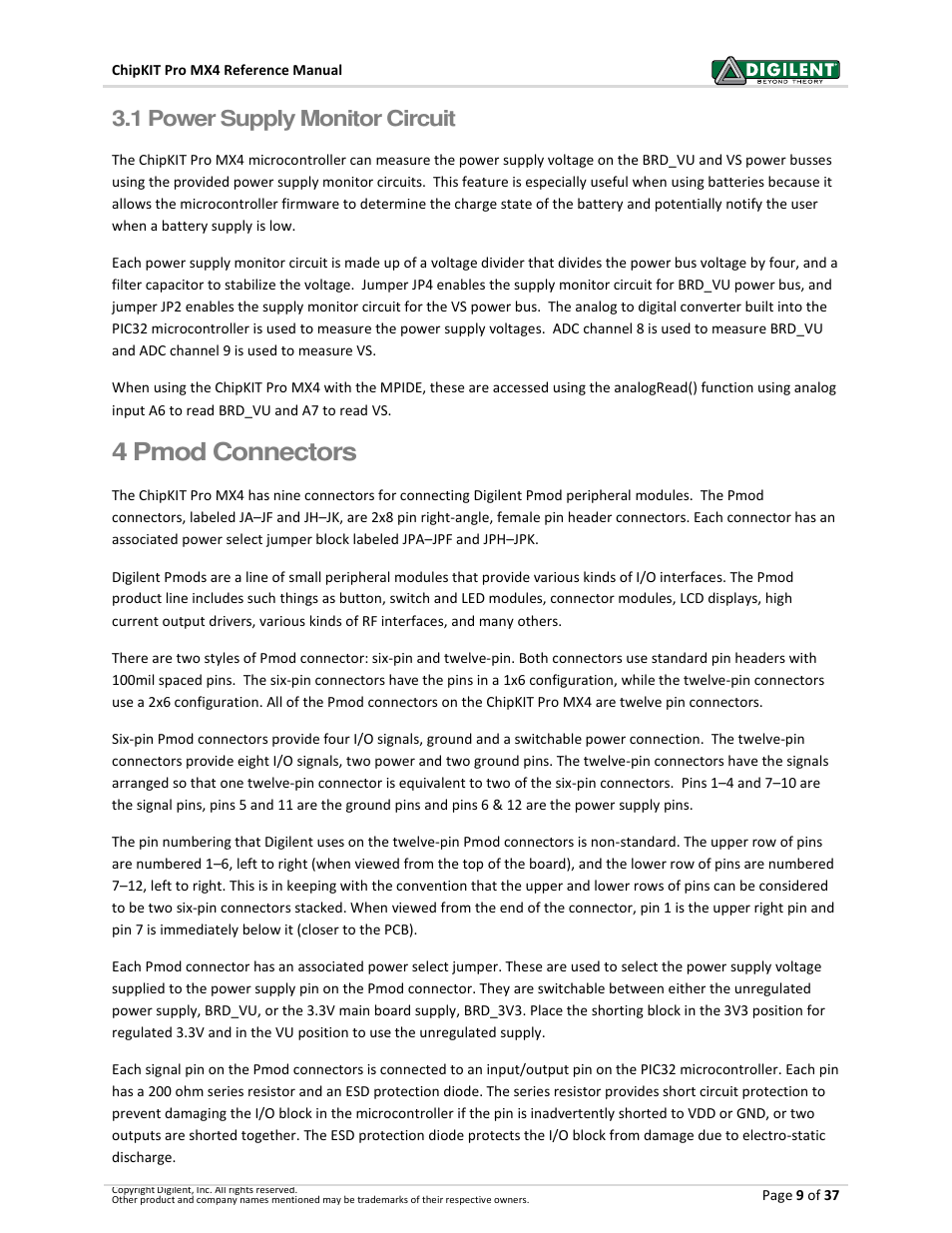 4 pmod connectors, 1 power supply monitor circuit | Digilent 410-295P-KIT User Manual | Page 9 / 37