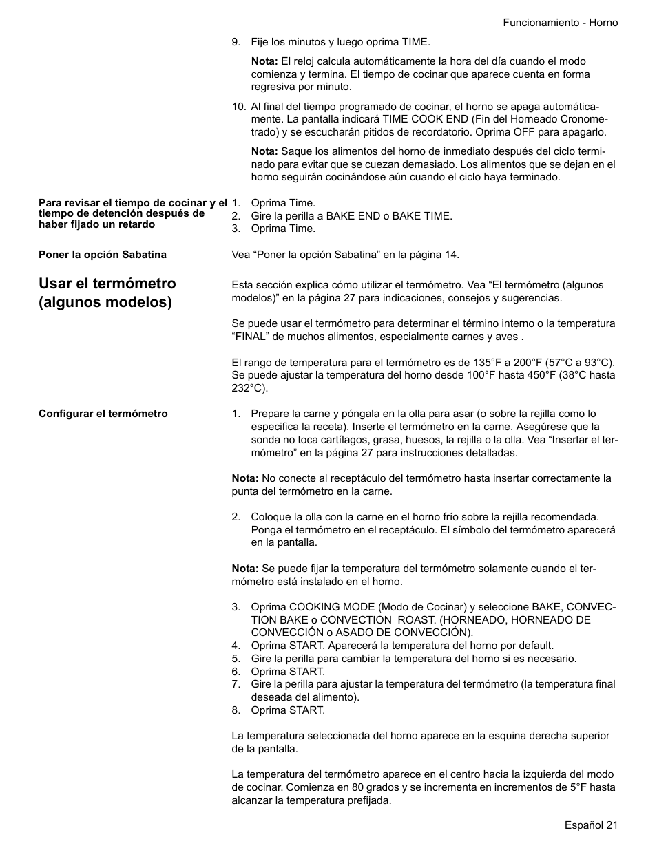 Fije los minutos y luego oprima time, Oprima time, Gire la perilla a bake end o bake time | Poner la opción sabatina, Usar el termómetro (algunos modelos), Configurar el termómetro, Oprima start | Bosch BOSCH RANGE User Manual | Page 105 / 128