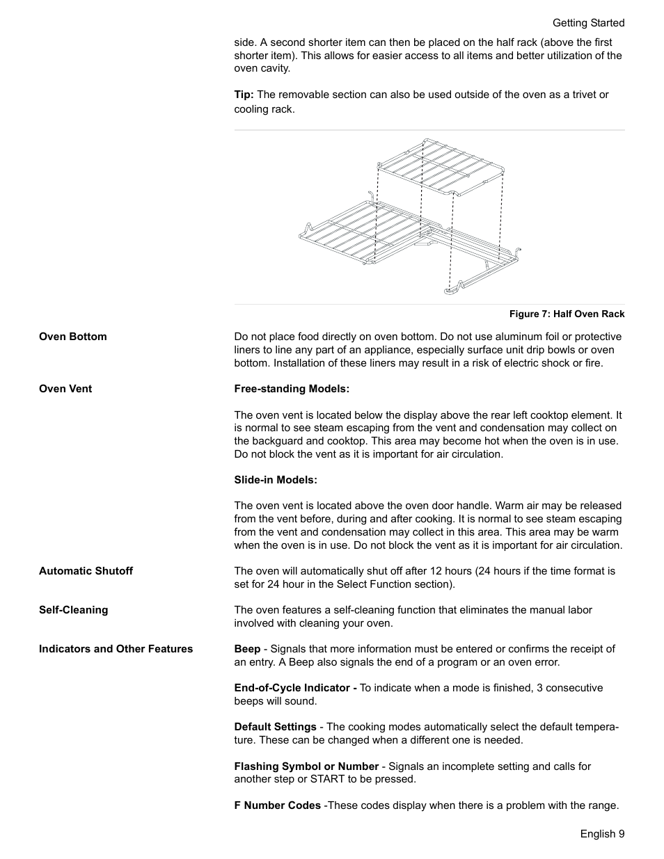 Figure 7: half oven rack, Oven bottom, Oven vent | Automatic shutoff, Self-cleaning, Indicators and other features | Bosch BOSCH RANGE User Manual | Page 11 / 128